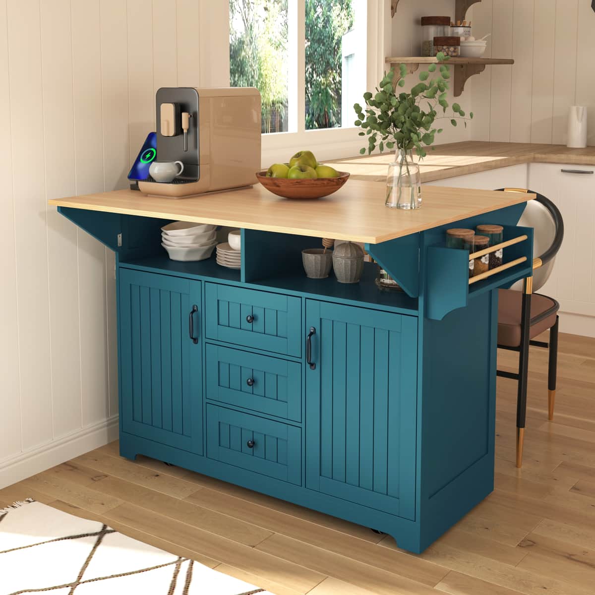 55.7'' Large Kitchen Island with 2 Drop Leaf, Rolling Kitchen Cart on 5 Wheels