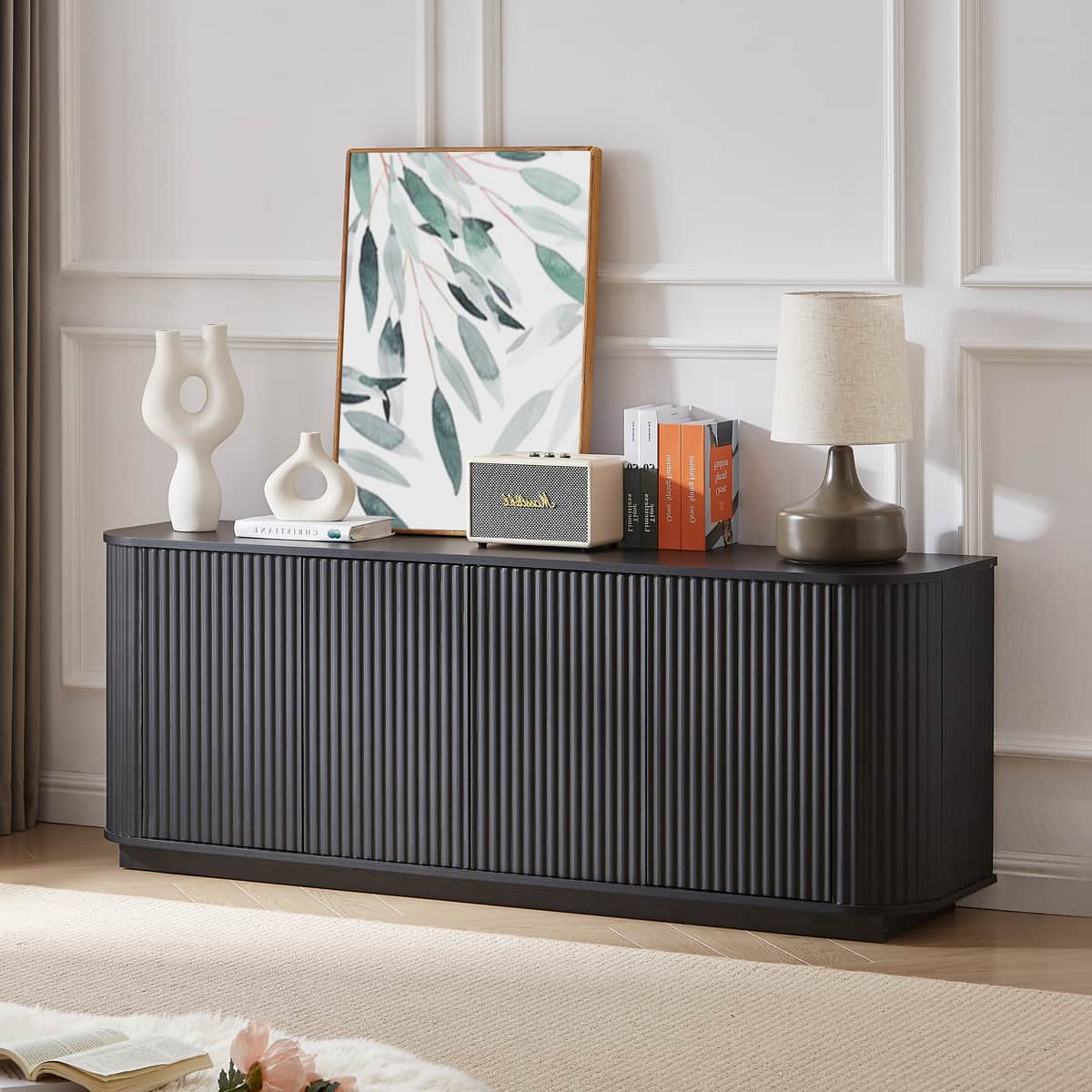 Sideboard Storage Cabinet TV Stand with wave pattern Buffet Cabinet Wooden