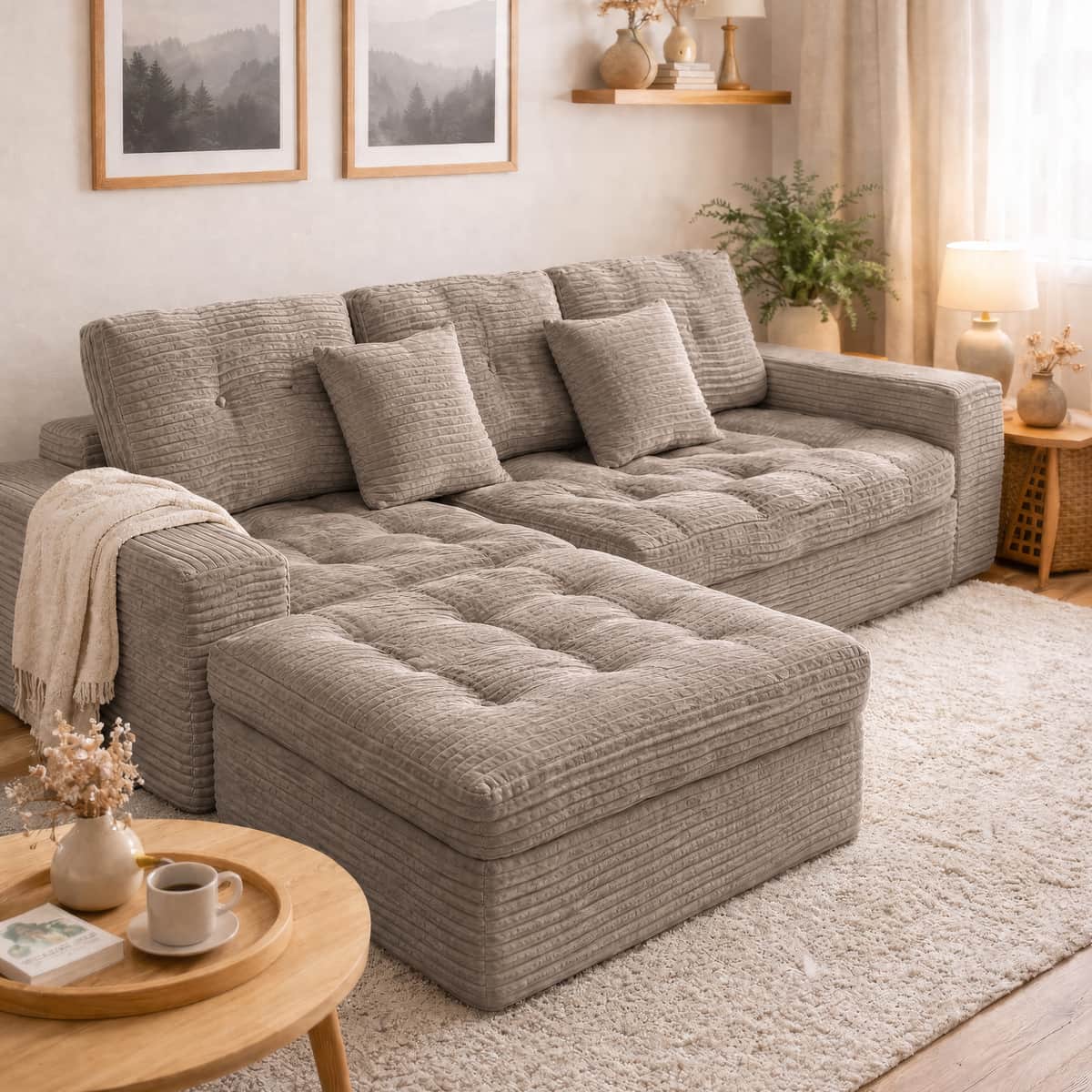 Modular Cloud Sofa Set, 105" DIY Sectional with Ottoman, Pure Foam, Faux Rabbit