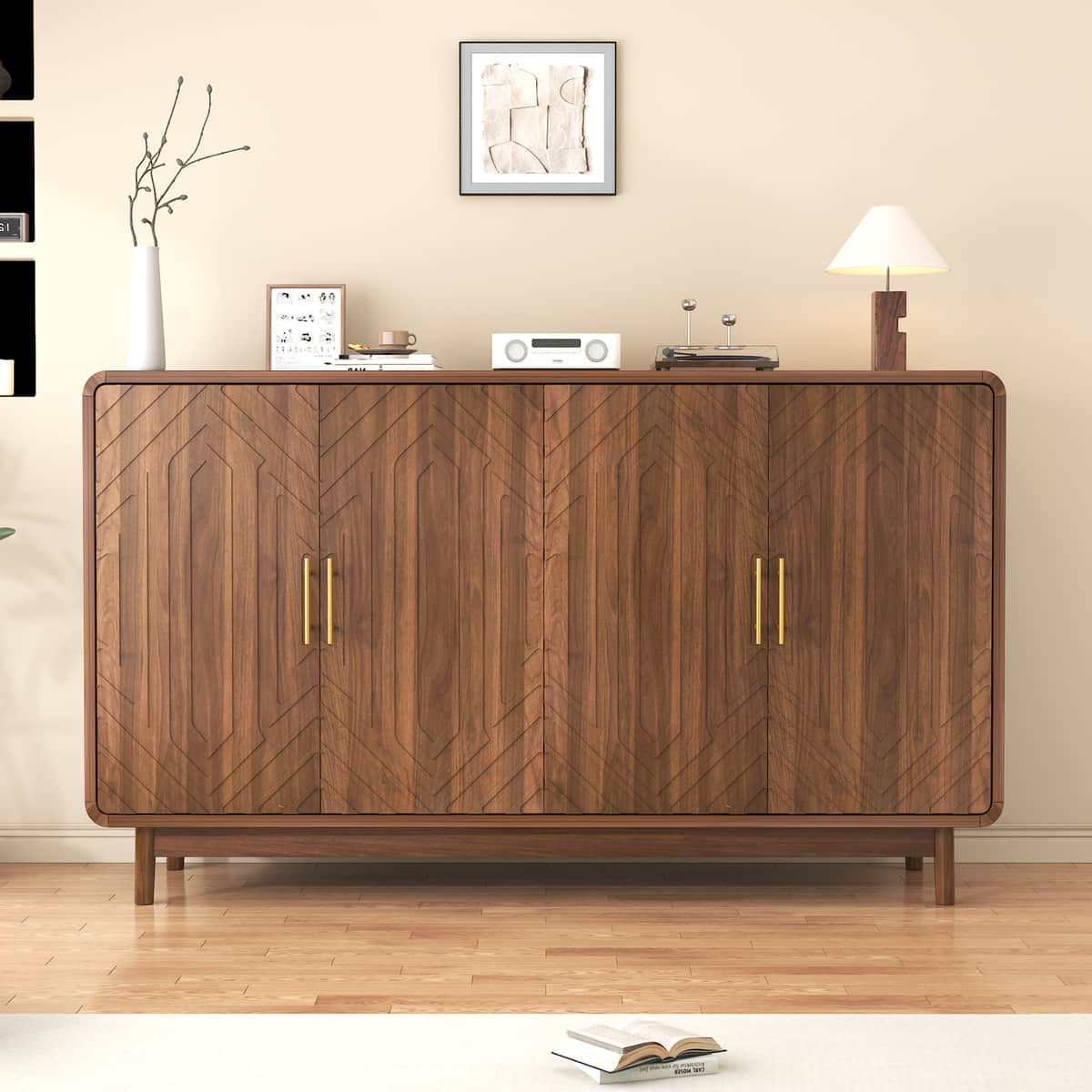 Sideboard Buffet Cabinet With Storage , Carved 4 Door Sideboard, Multifunctional