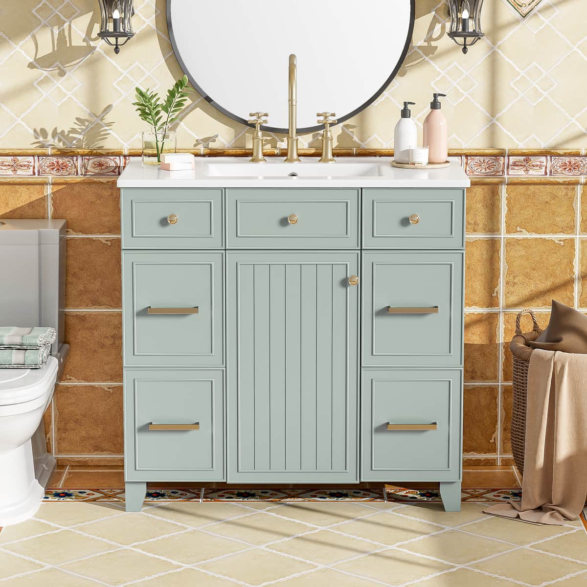 36" Bathroom Vanity with Ceramic Sink, Green, Solid Wood Frame, Soft Close