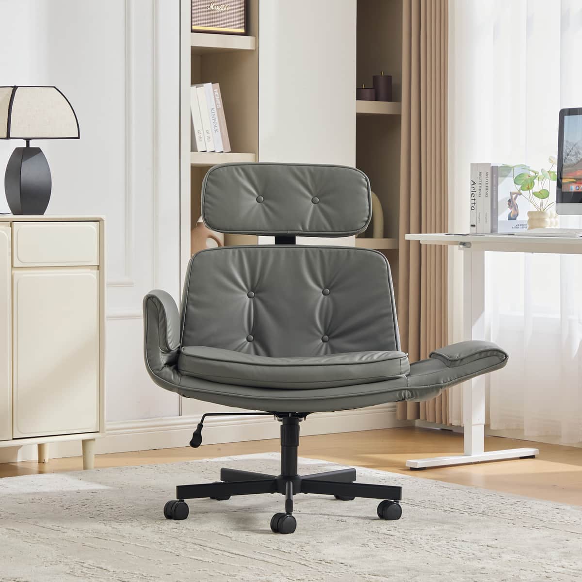 Criss Cross Chair with Adjustable Armrests & Wheels & Headrest, PU Lounge