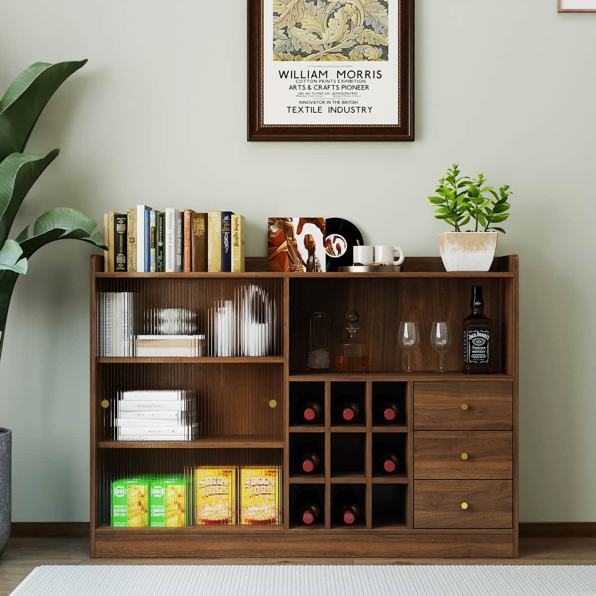 Sideboard with 2 Sliding Striped Glass Doors, Freestanding Countertop Storage