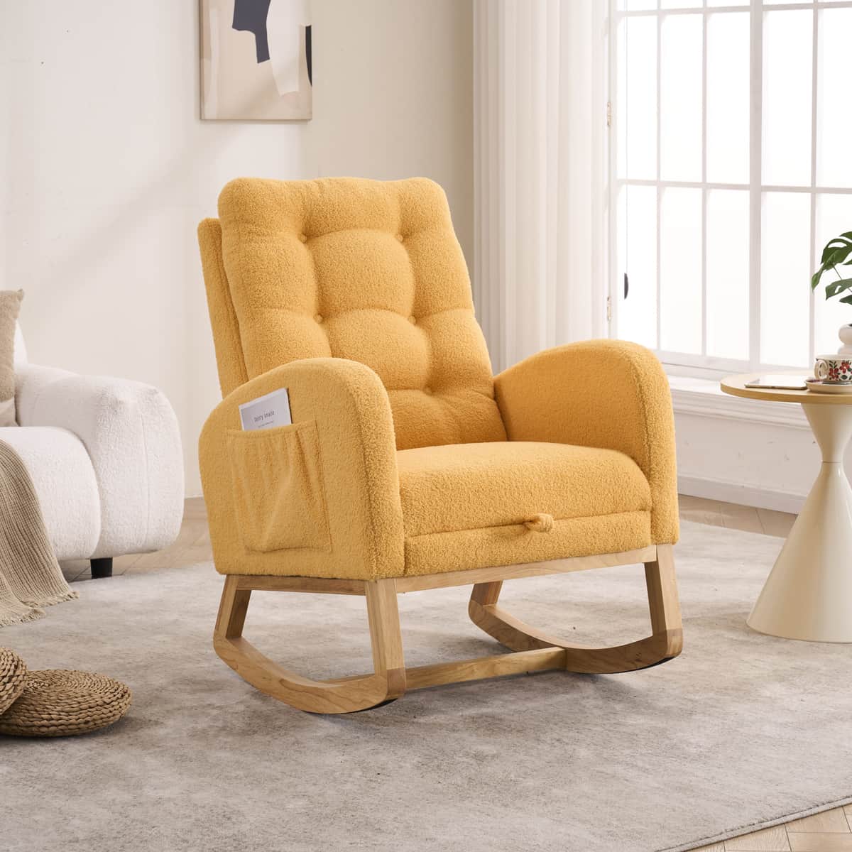 LY-5104 Yellow Accent Rocking Chair with Footrest High Back Rubber Wood Rocking