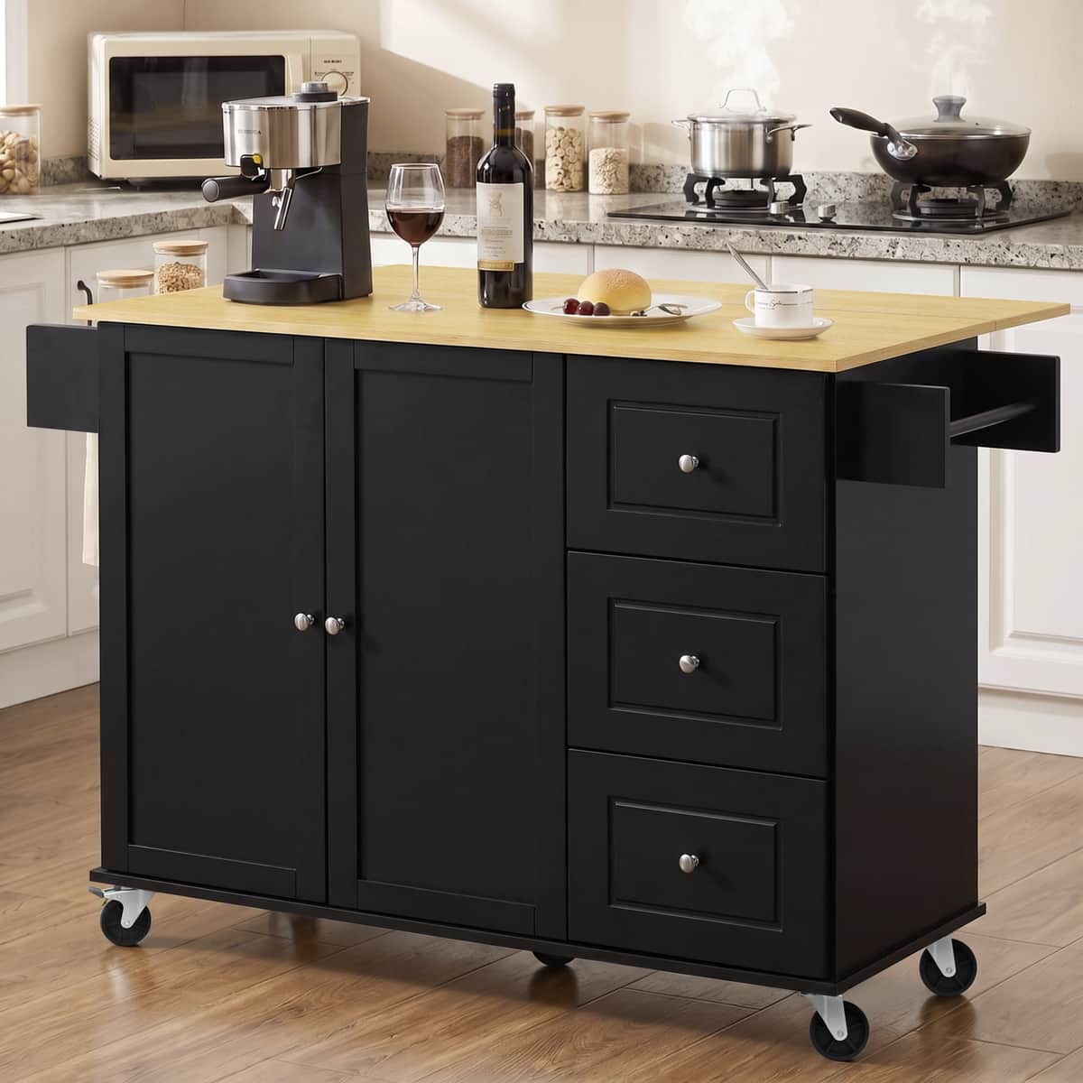 52.7" Kitchen Island with Storage & Drop Leaf, Rolling Kitchen Island Cart