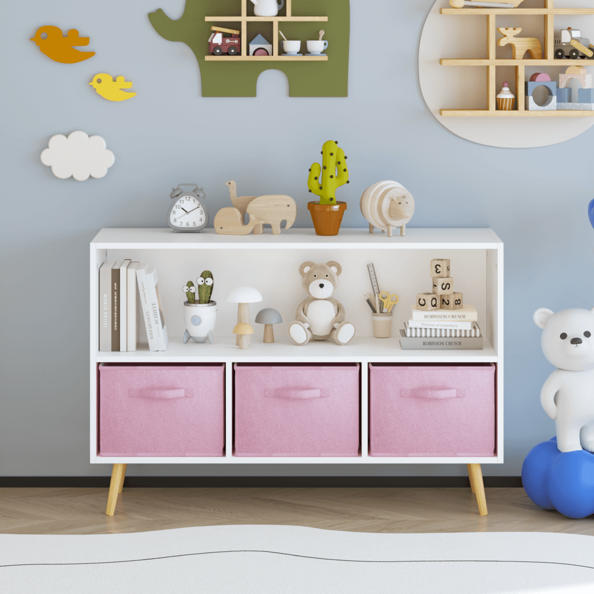 Kids bookcase with Collapsible Fabric Drawers