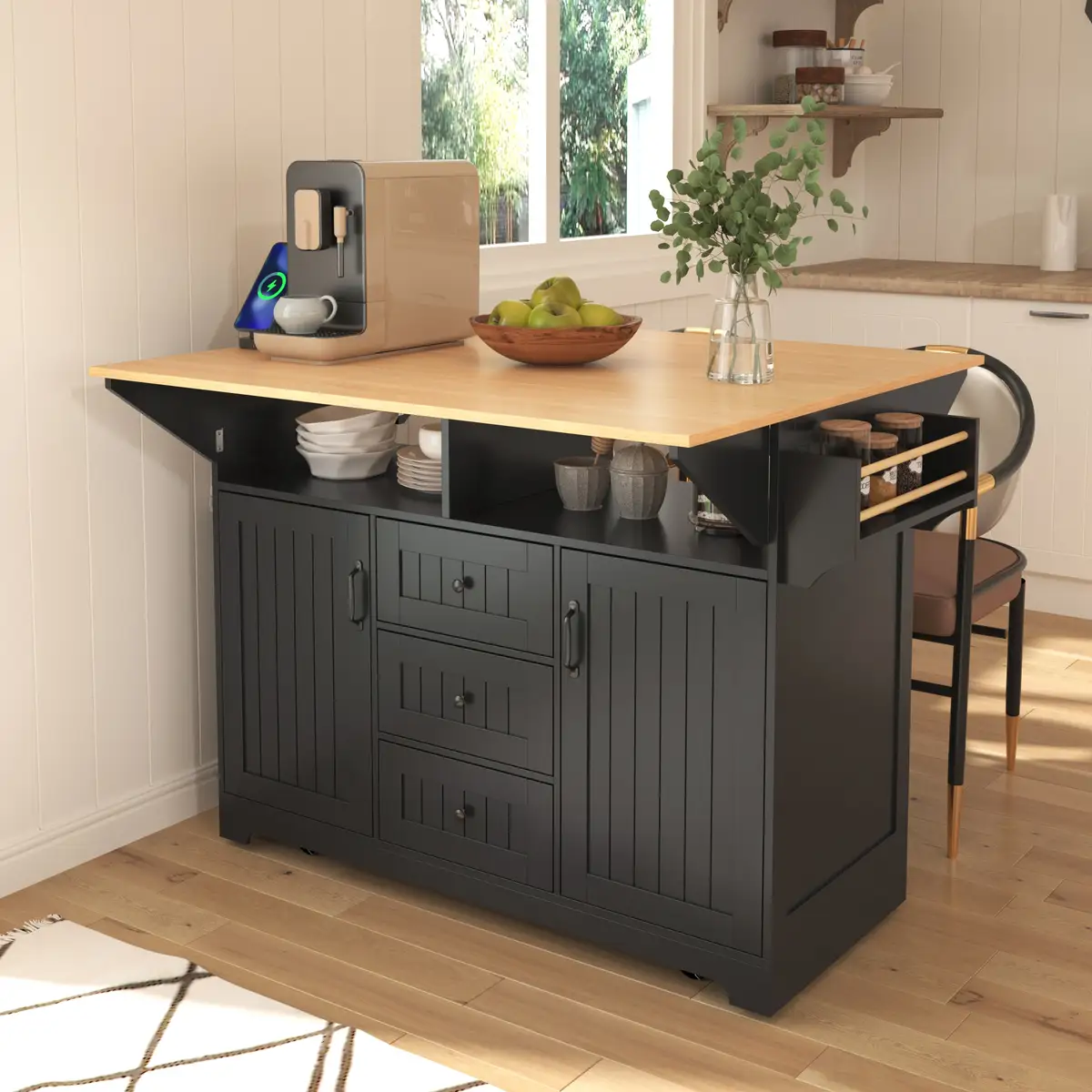 55.7'' Large Kitchen Island with 2 Drop Leaf, Rolling Kitchen Cart on 5 Wheels