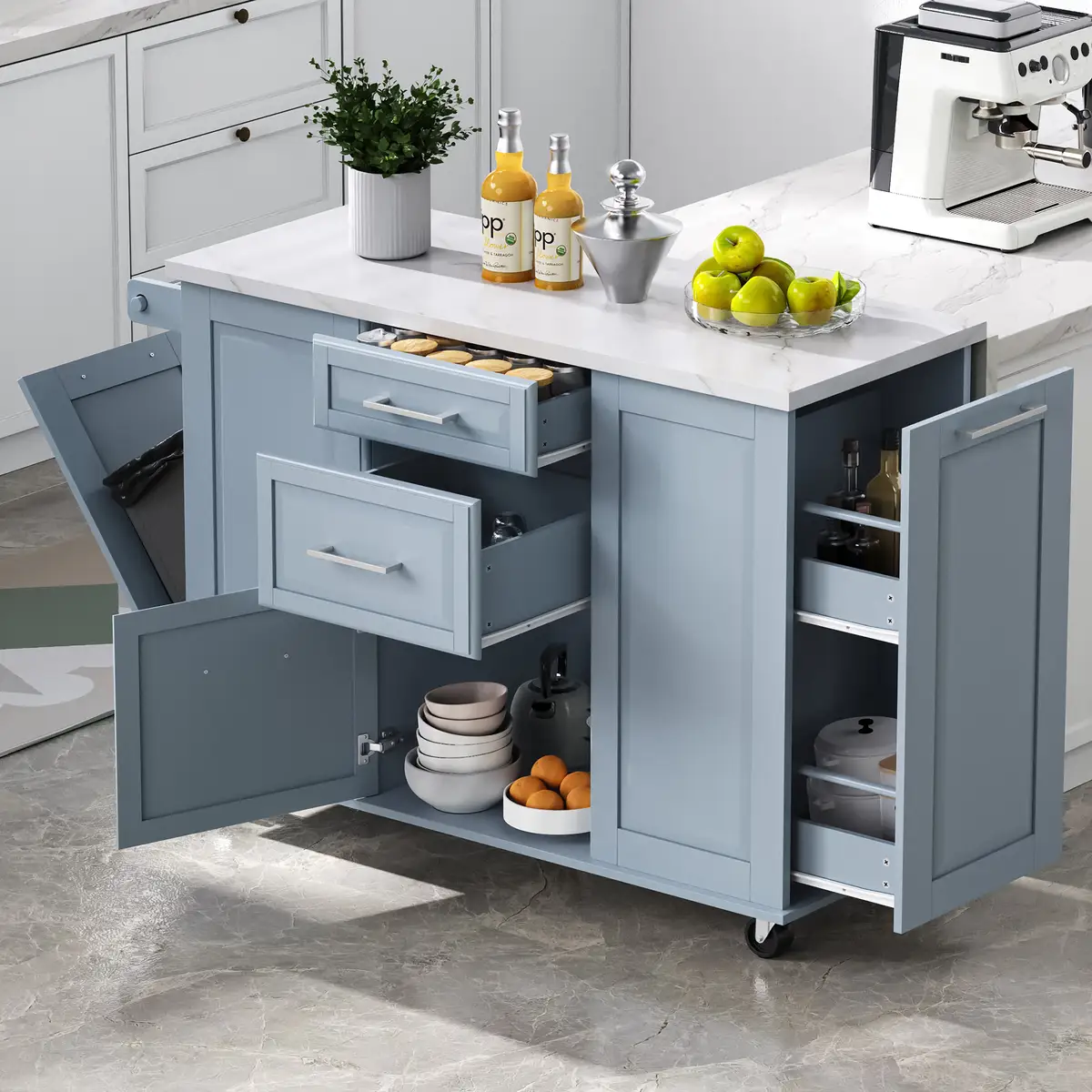 50.7" Kitchen Island with Storage Tilt Trash Can Cabinet and Pull Out Cabinet
