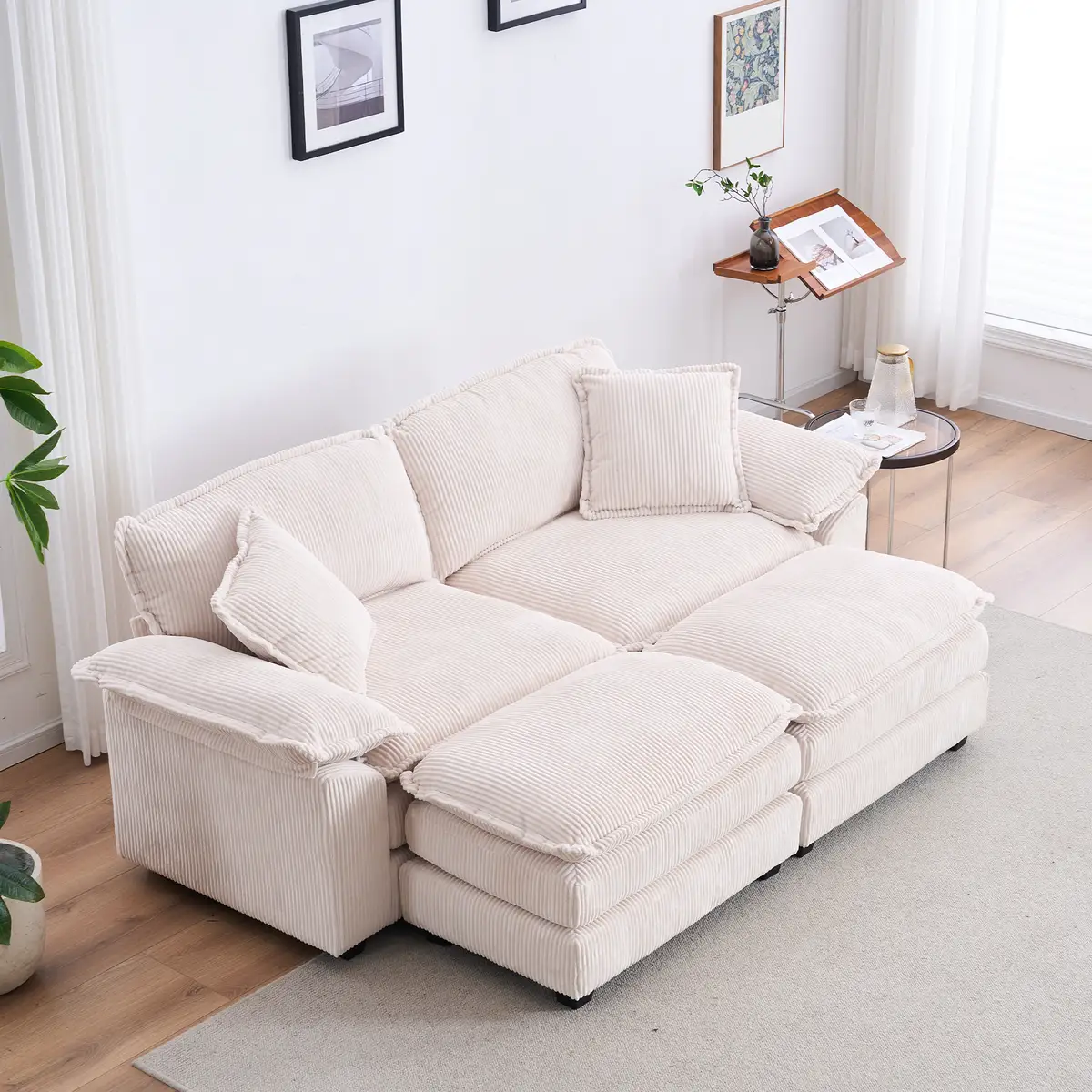 84.6" Corduroy Loveseat with Ottoman, Oversized Double Chaise Lounge Chair
