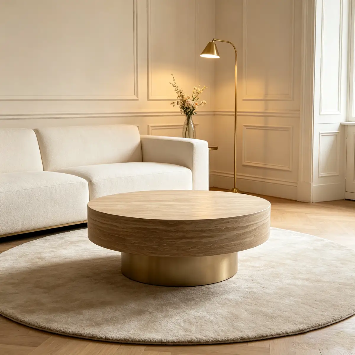 31.88 inch Round Travertine Coffee Table, Modern Drum Coffee Table