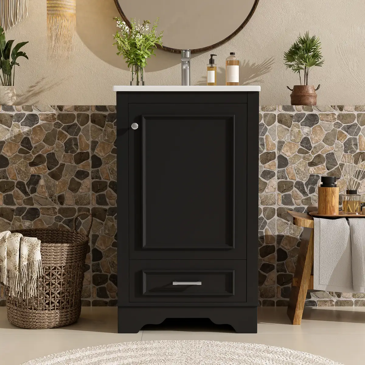 20-inch Bathroom Vanity with Ceramic Sink, One Drawer, Freestanding Single