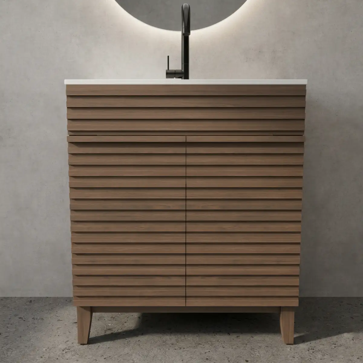 A 30-inch brown bathroom cabinet with a slatted horizontal pattern door, paired