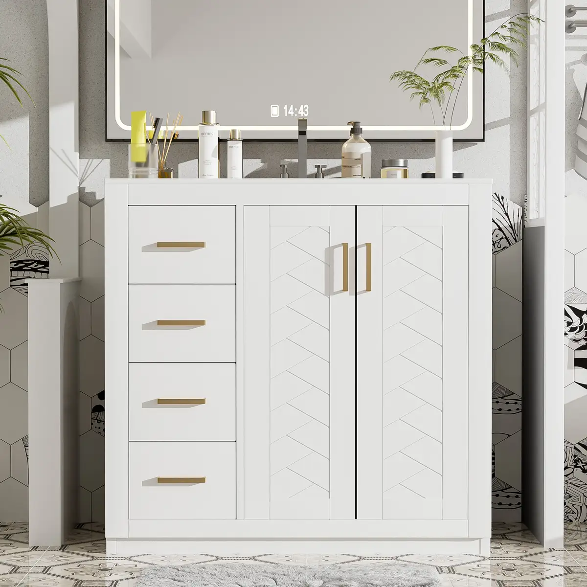 36'' Bathroom Vanity with Ceramic Sink Combo, Solid Wood Frame Bathroom Storage
