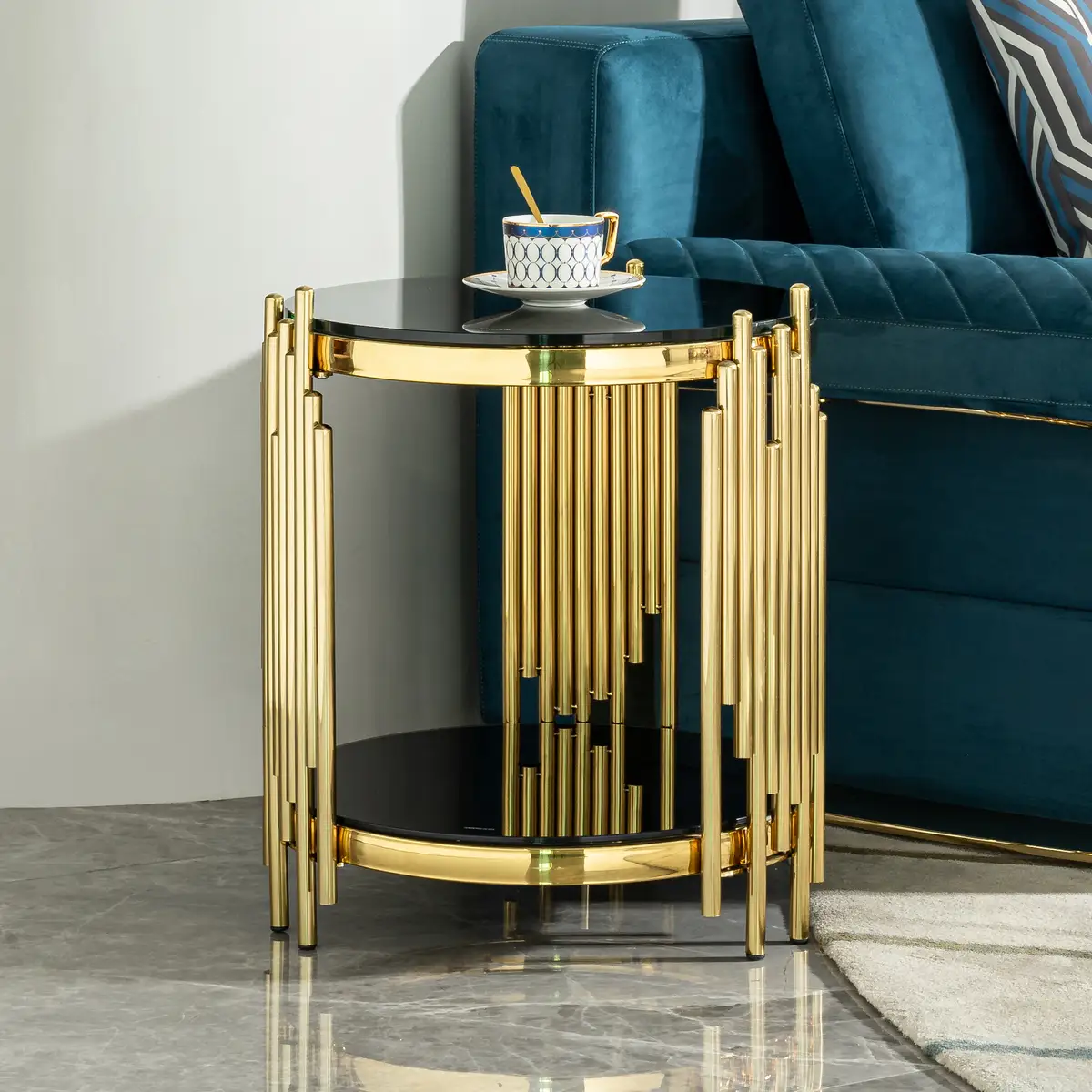 Round End Table with 2-Tier Black Tempered Glass Top and Gold Stainless Steel