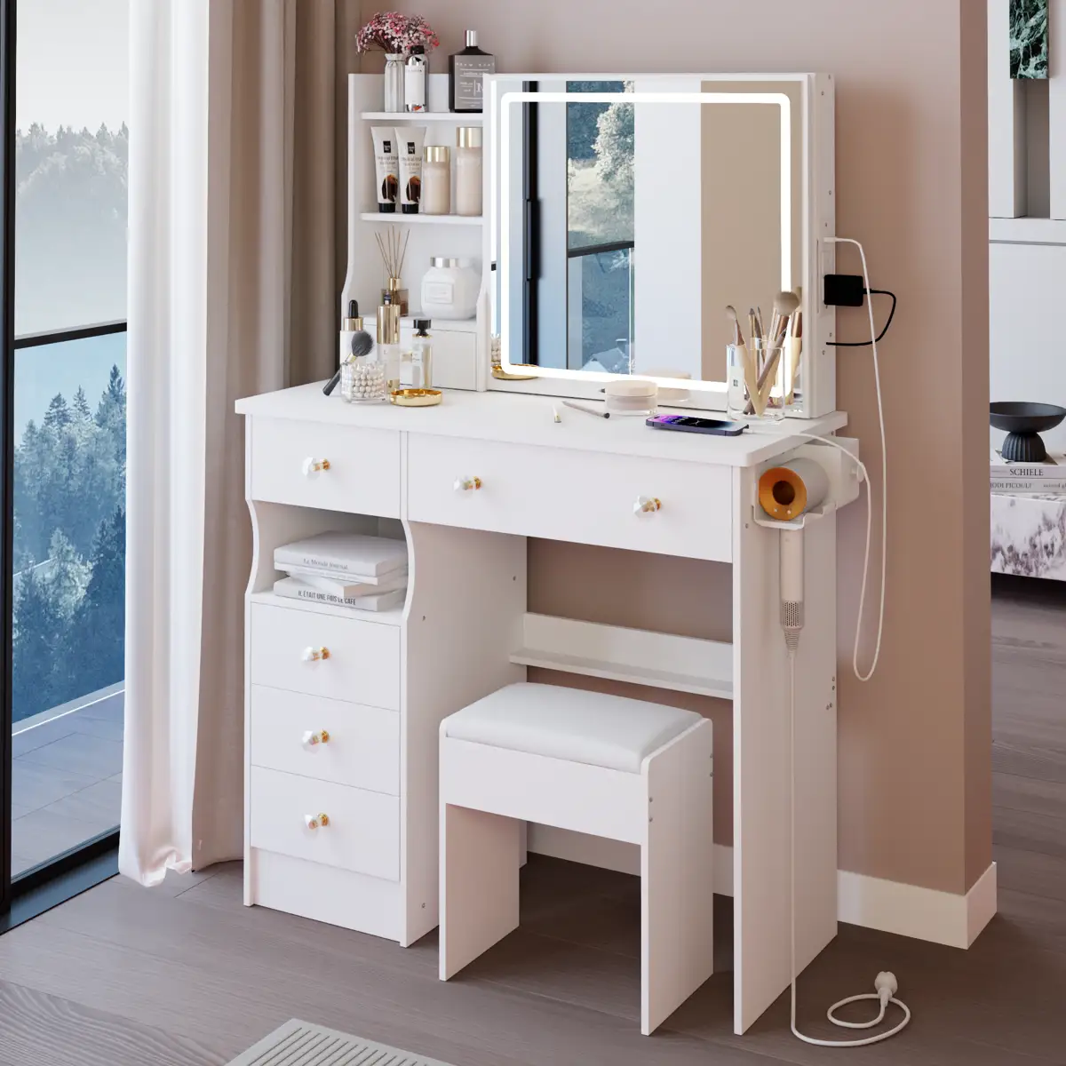 37" Left Drawer Desktop Vanity Table + Cushioned Stool, 2 AC+2 USB Socket, Hair