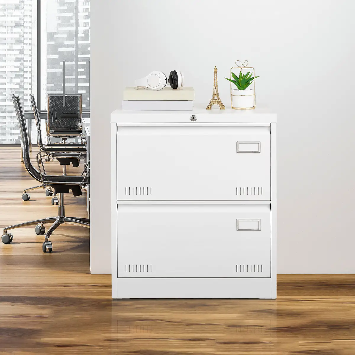 2 Drawer Lateral File Cabinet, White Lockable Metal Filing Cabinet for Legal