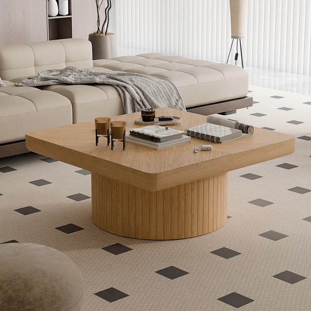 34.6'' Square Coffee Table for Living Room, Modern Wood Veneer Top with Parquet