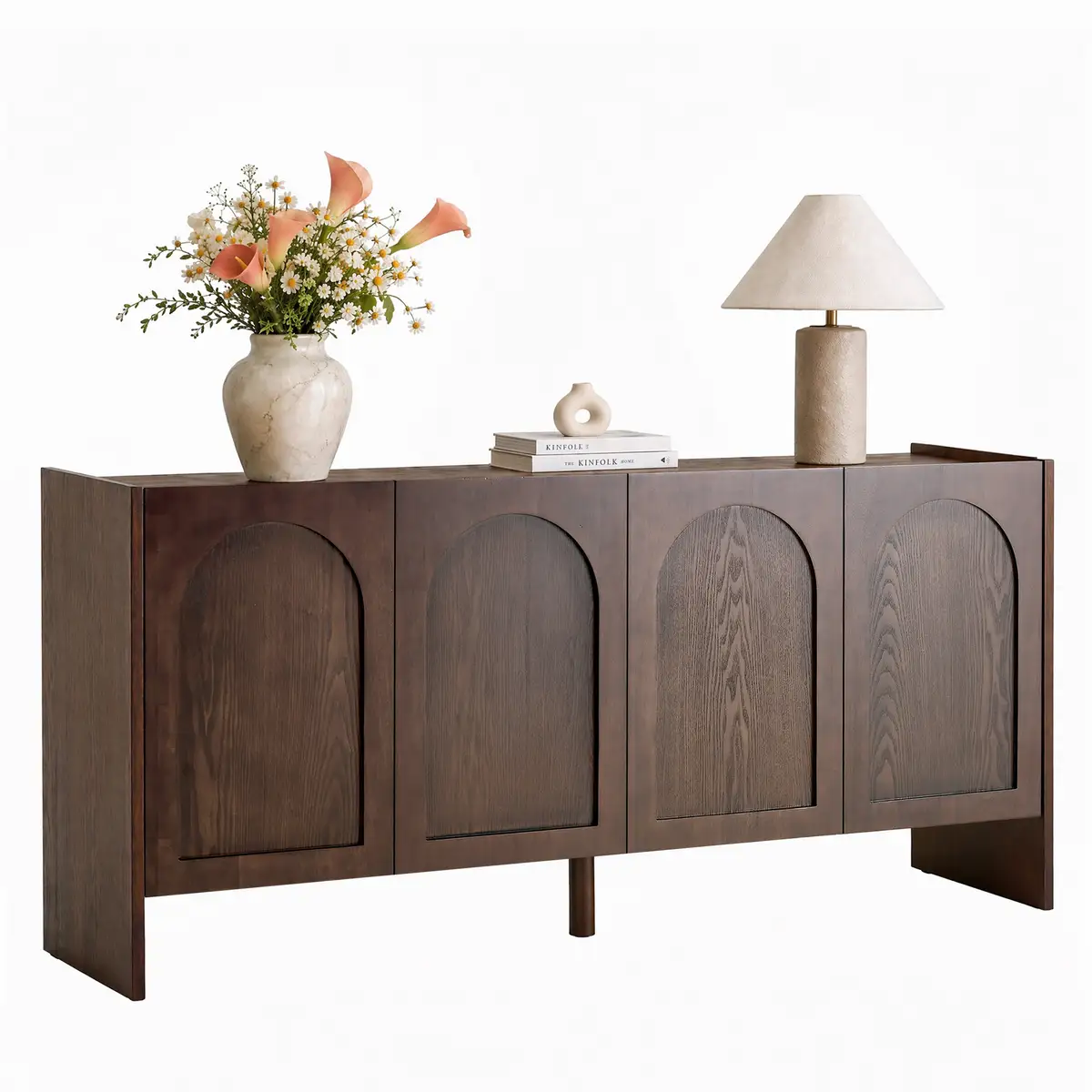Mid-Century Modern 4-Door Credenza Sideboard with Solid-Wood Arched Door