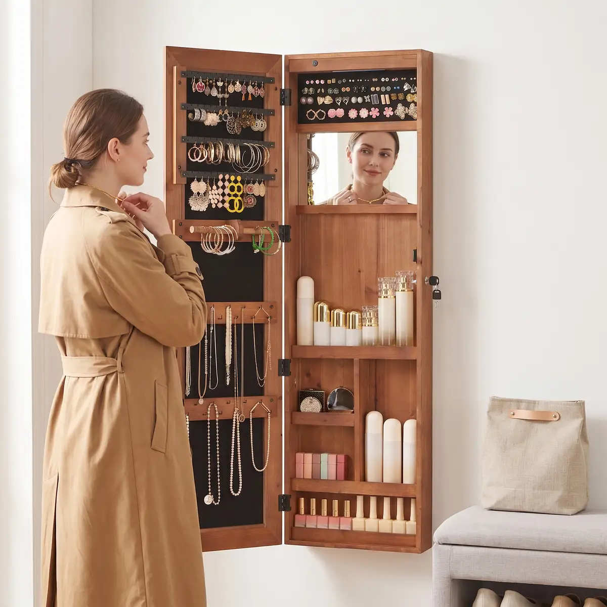 Solid Wood Jewelry Armoire Organizer Cabinet with Full-Length Mirror, 47.5x14.3