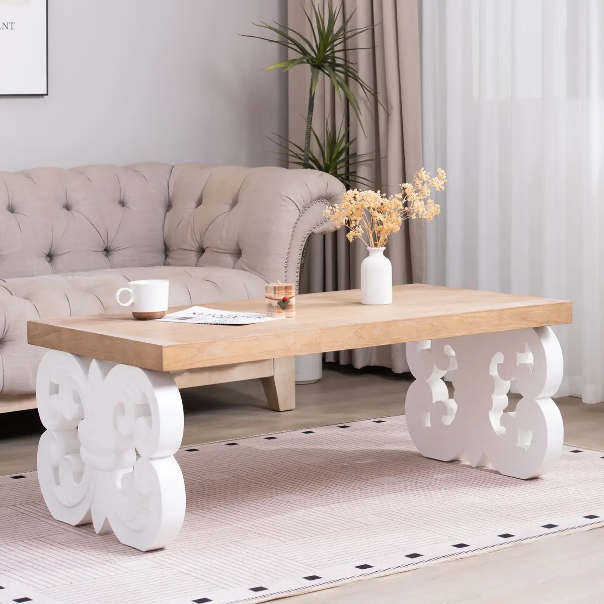 Ornate Wood Coffee Table – 47" Rectangular Farmhouse Style Table with White