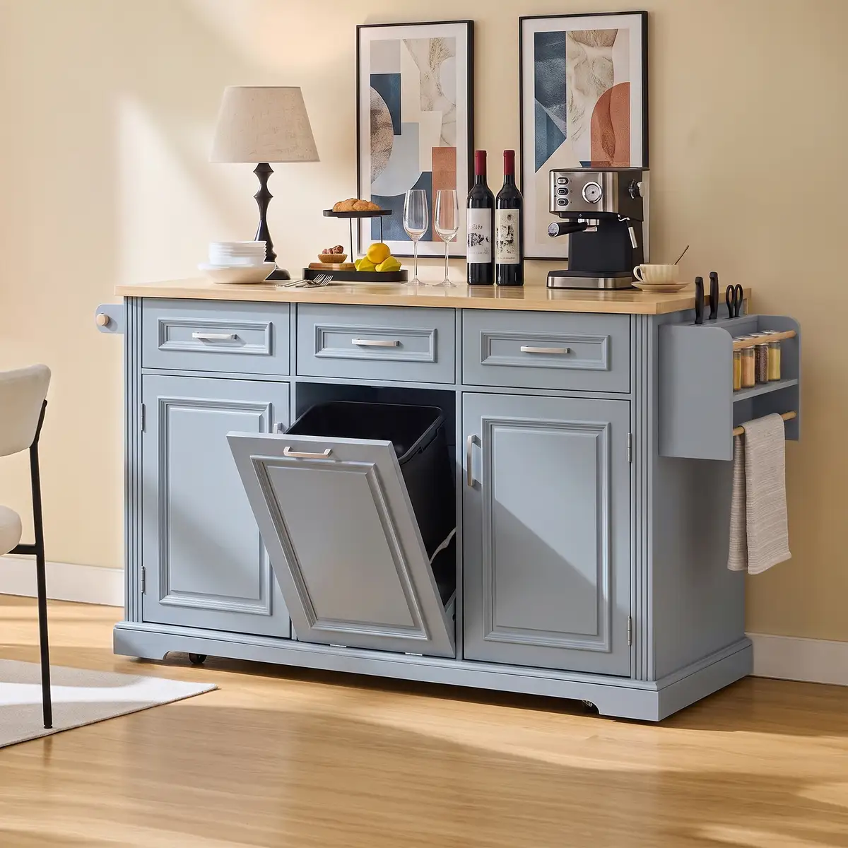 64.6" Large Kitchen Island with Trash Can Storage, Embossed Texture Rolling