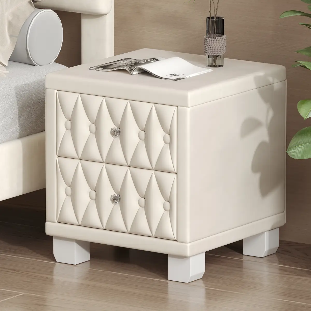 Elegant Velvet Nightstand with 2 Drawers and Crystal Handle, Storage Bedside