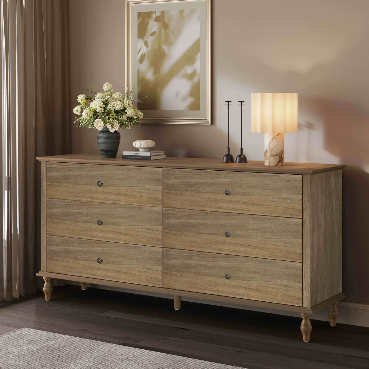 6-Drawer Double Wide Wood Dresser for Bedroom, Light Brown Burnt Wood Finish