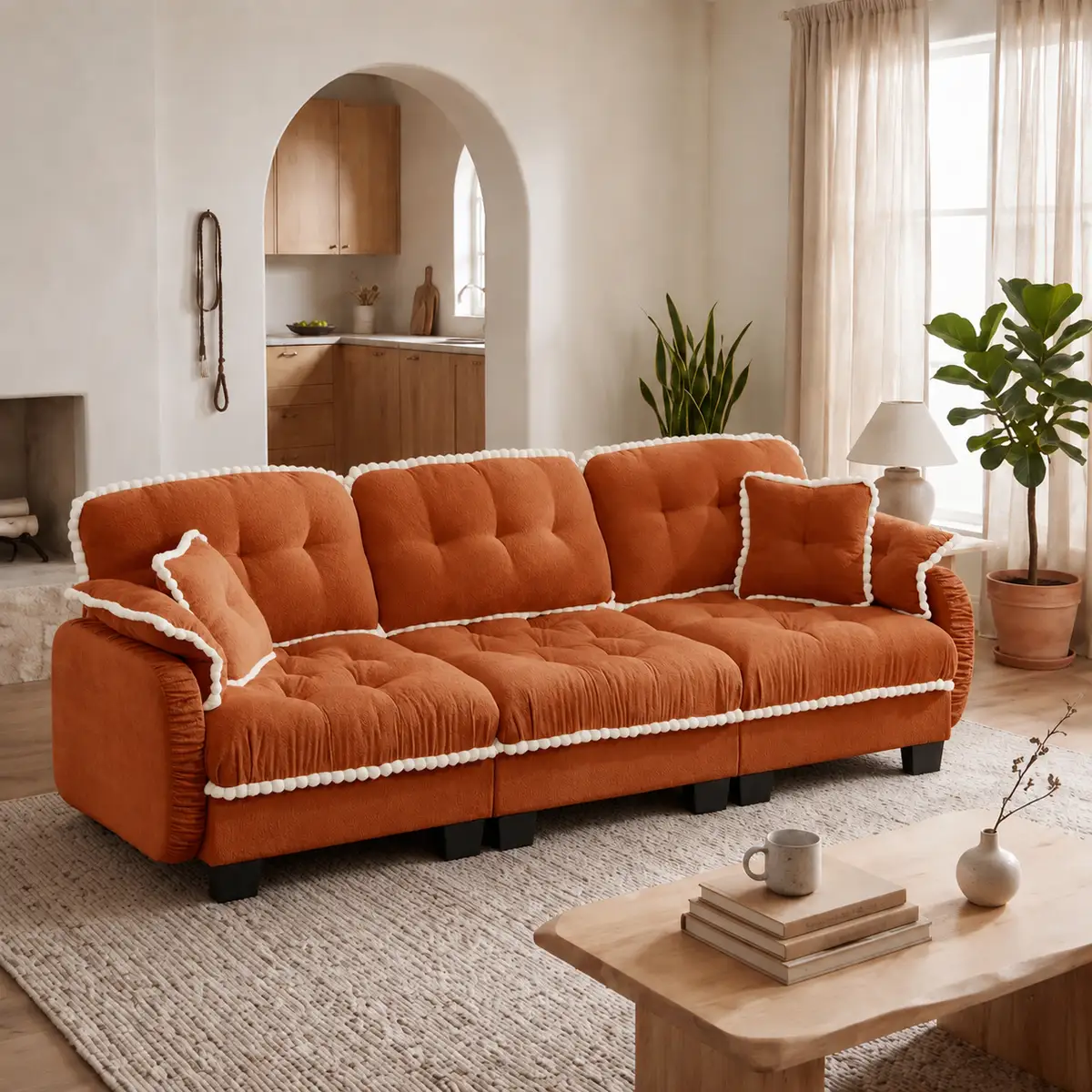 Chenille Cloud 3-Seater Sofa with 4 Pillows, Pom-Pom Trim Quilted Tufted