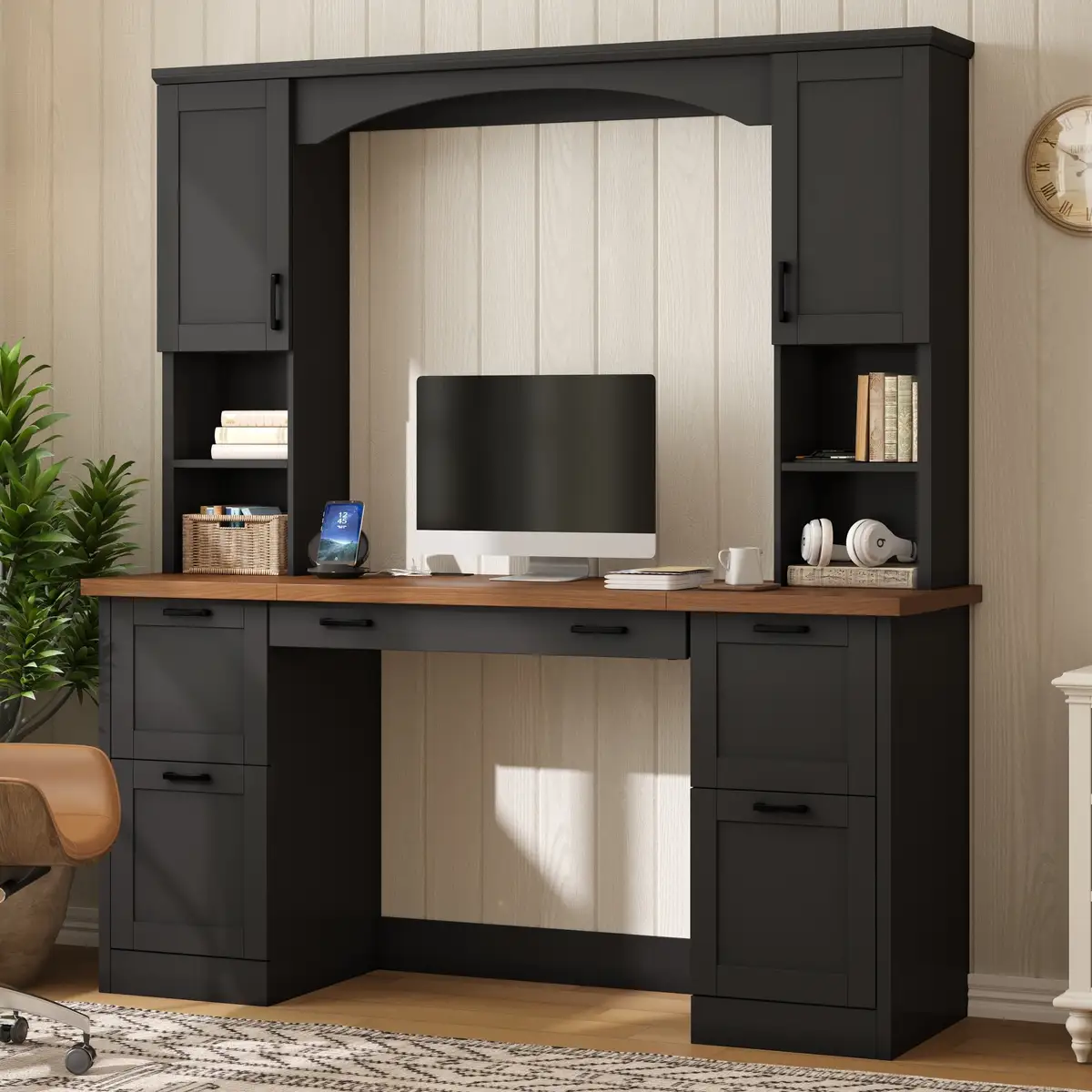 ON-TREND Farmhouse Arched Computer Desk with Hutch, Mid-Century Walnut Home