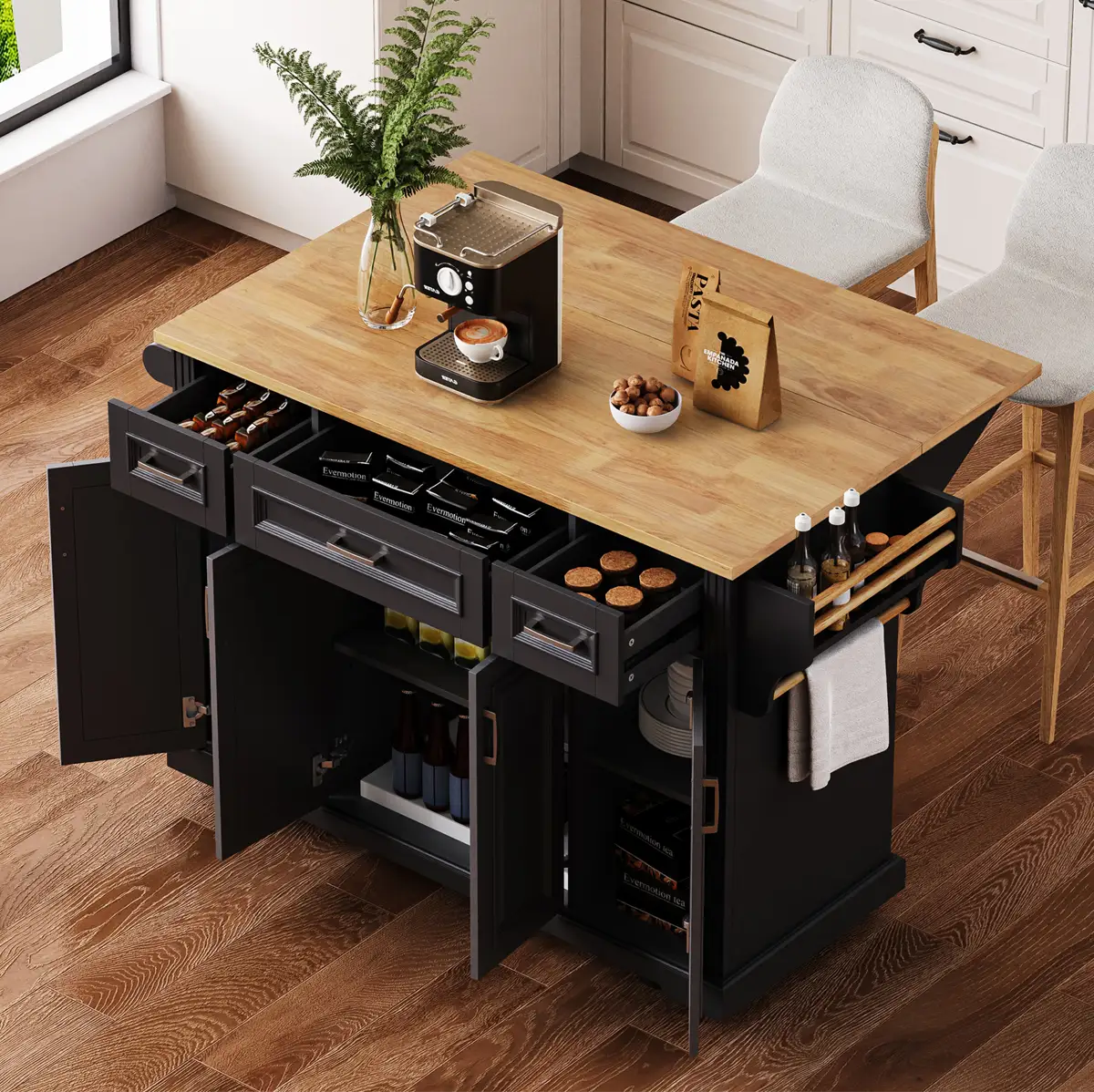 54inch Large Kitchen Island with Rubber Wood Drop Leaf, Embossed Texture