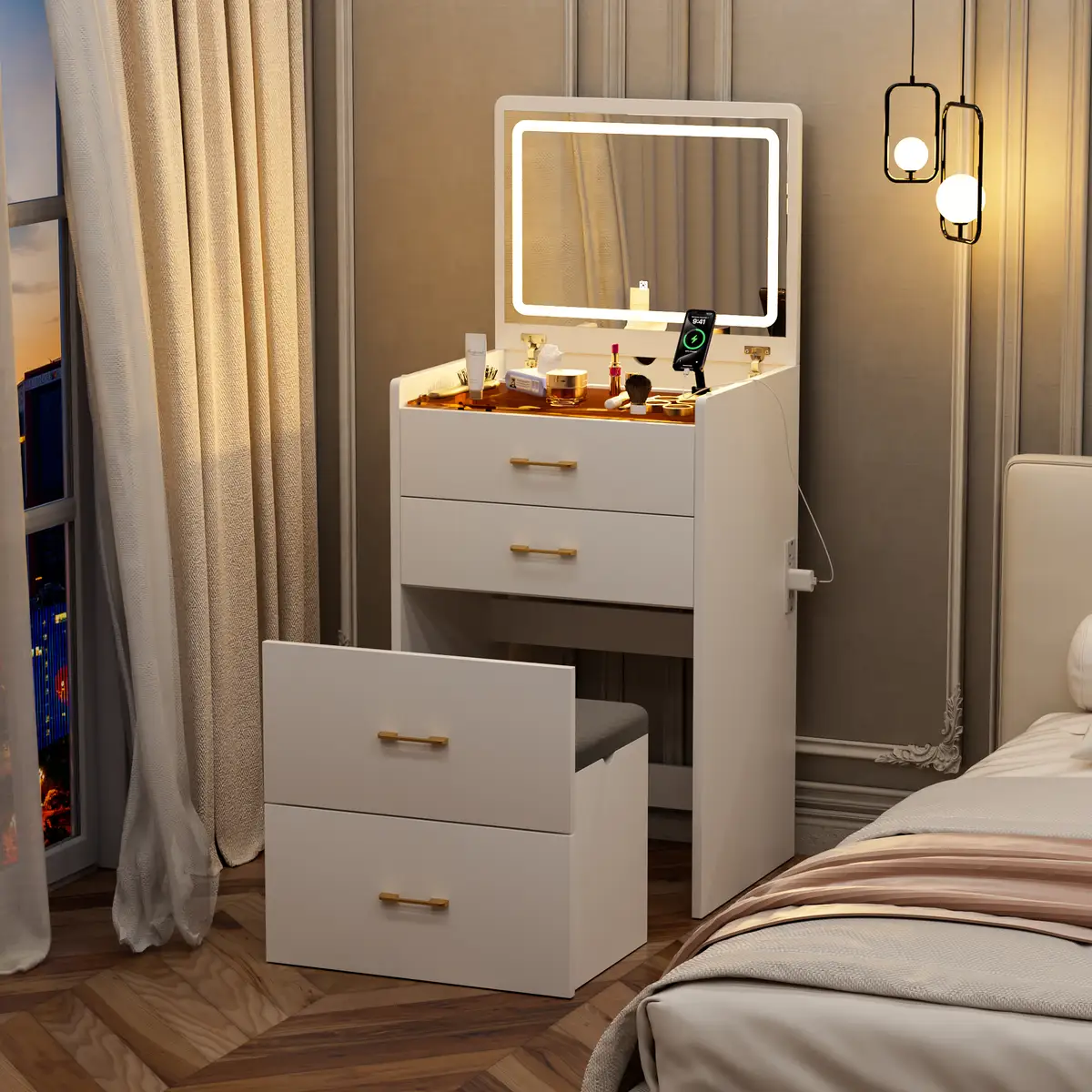 3 in 1 Vanity Desk with open Top Mirror, Make Up Vanity Set with Visible Glass