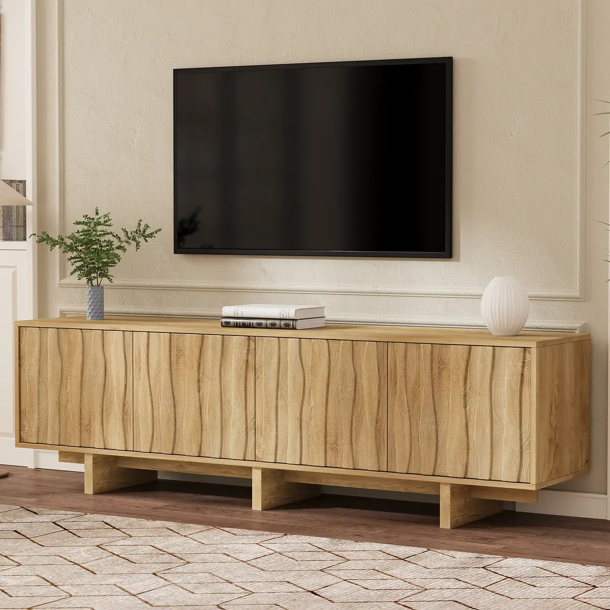 Retro Style Wood Grain TV Stand with Wavy Door for TVs up to 75", Rustic Media