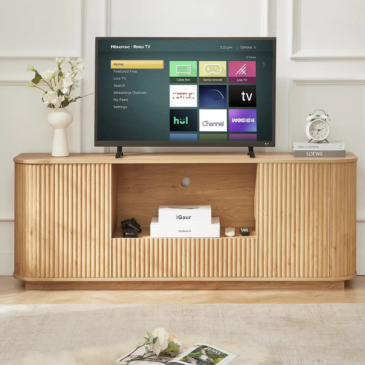 64-Inch Wavy TV Stand, Rounded Sideboard, Storage Cabinet, Wooden Vertical