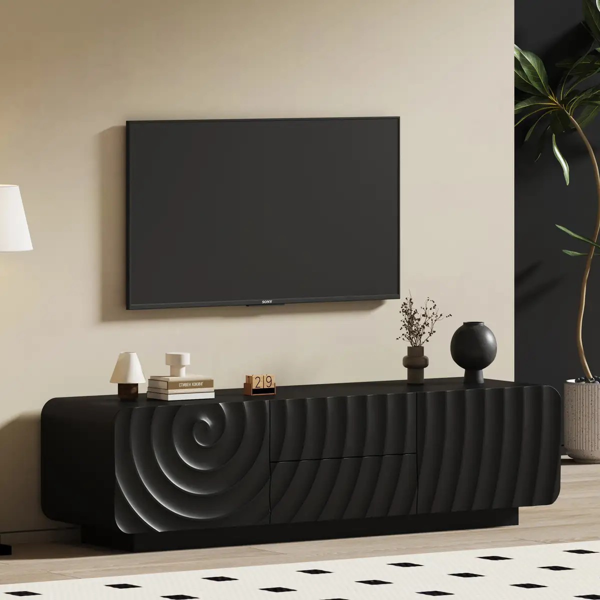 58''Tv Console With Modern Unique Spiral Wave Design With Storage Cabinet And 2
