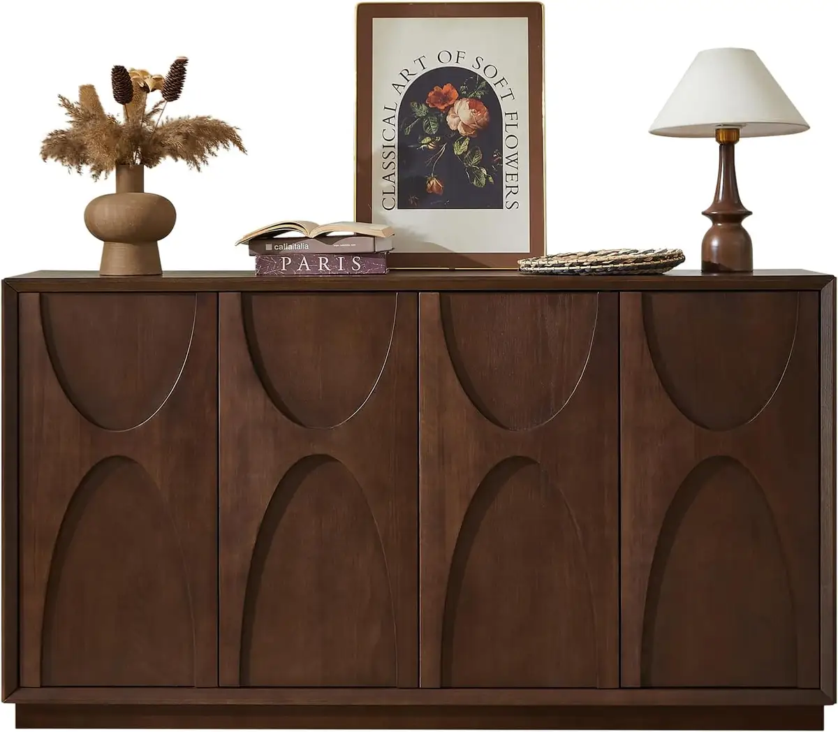 4 Door Accent Cabinet with Solid Wood Carved Doors, Adjustable Shelves, Push