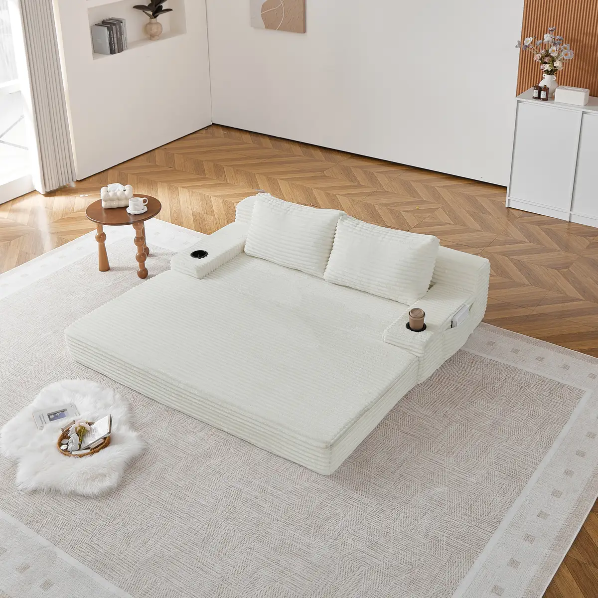 70.8-inch corduroy two-in-one sofa bed, featuring a lounge chair with two throw