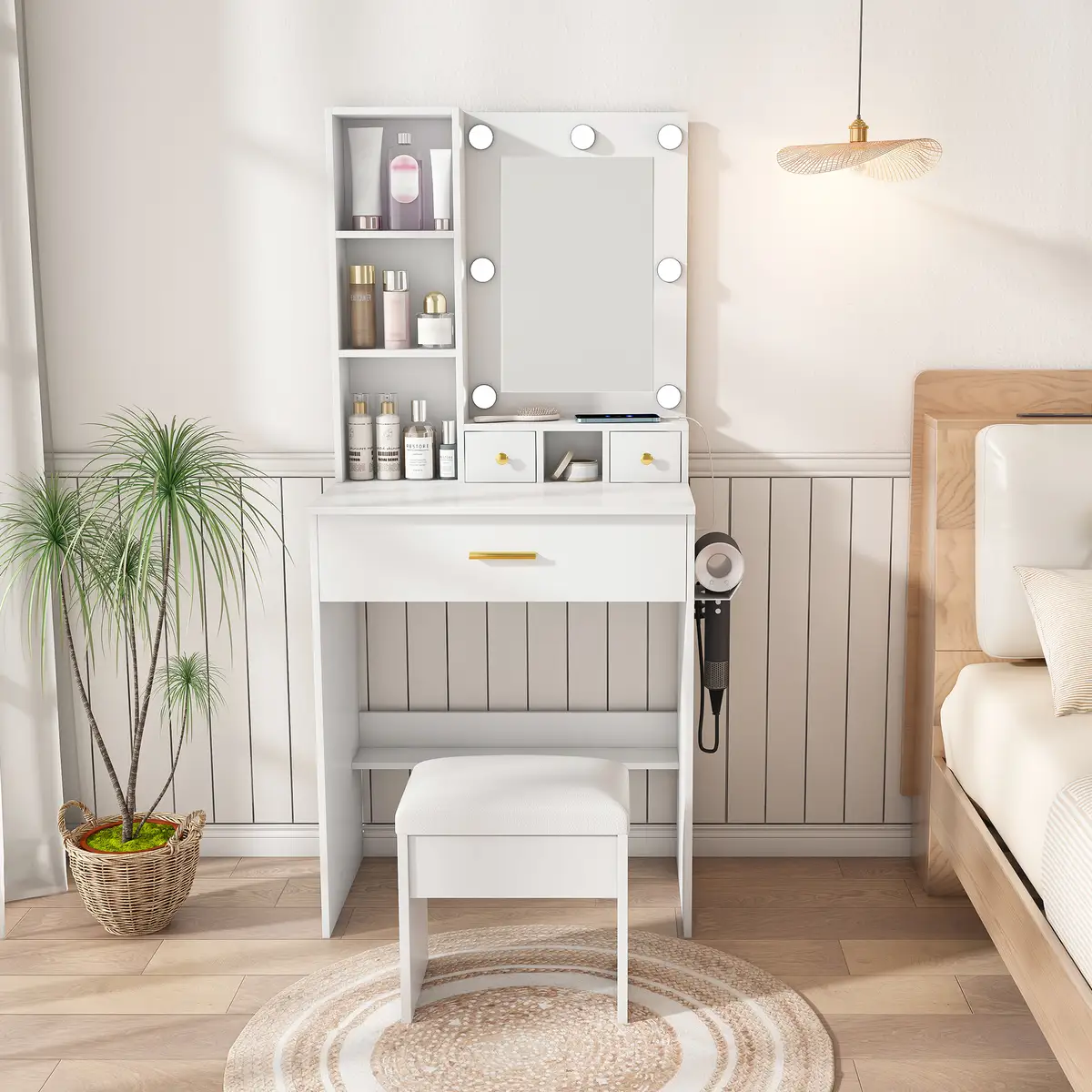 Vanity Table with Mirror & Adjustable LED Lights, Power Outlet, Hairdryer