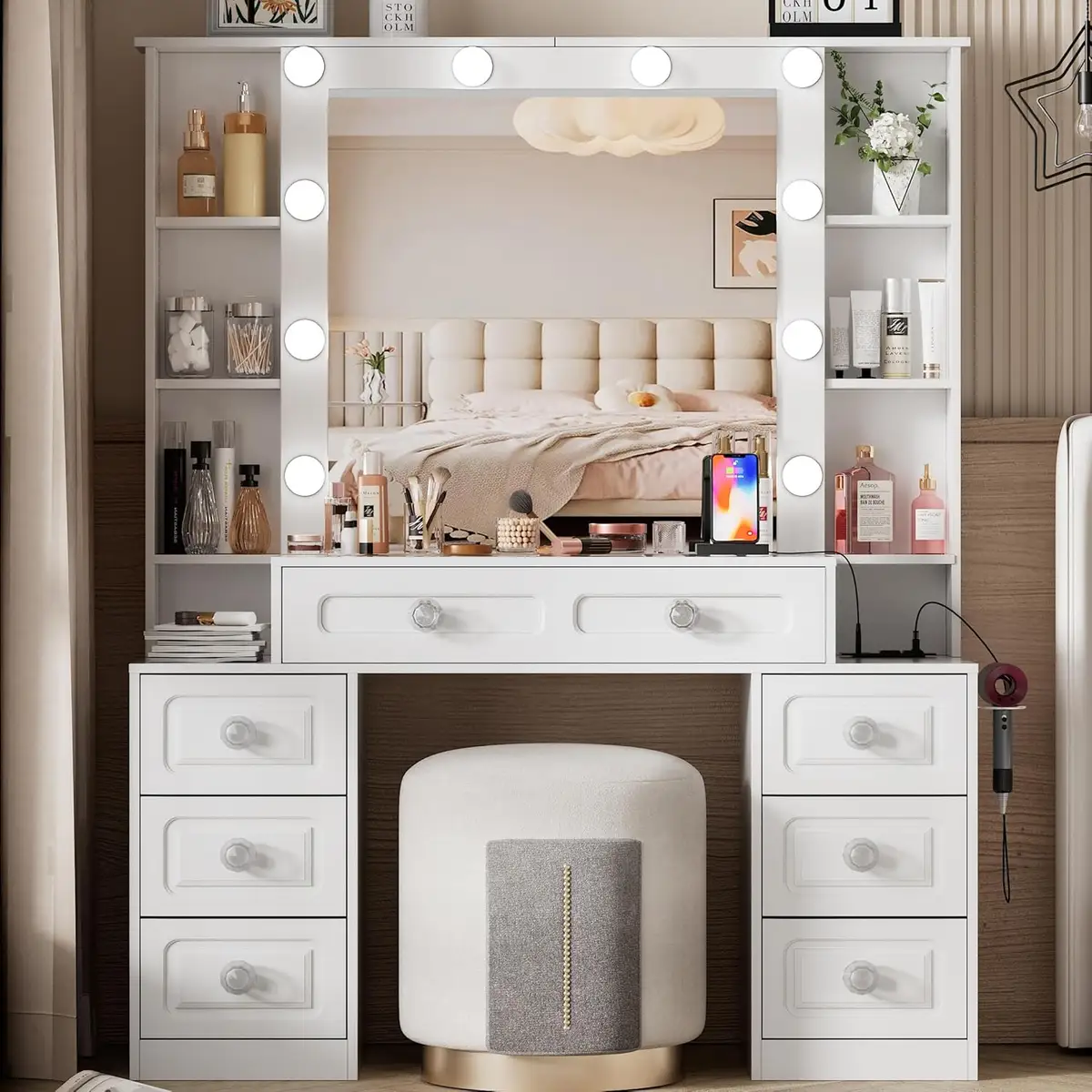 Vanity Desk with Mirror and Lights, Makeup Vanity Table with Lighted Mirror