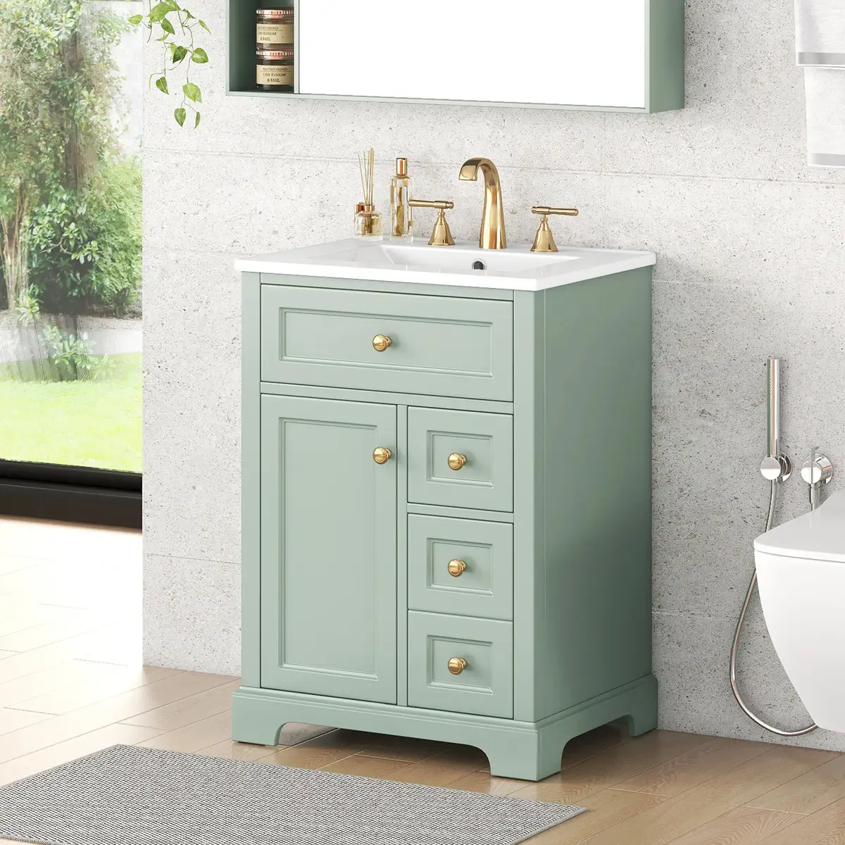 "24'' Green Bathroom Vanity with Sink, MDF & Pinewood Construction, 3 Drawers