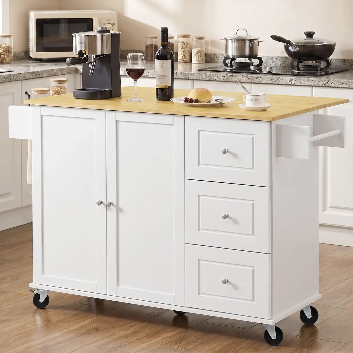 52.7" Kitchen Island with Storage & Drop Leaf, Rolling Kitchen Island Cart