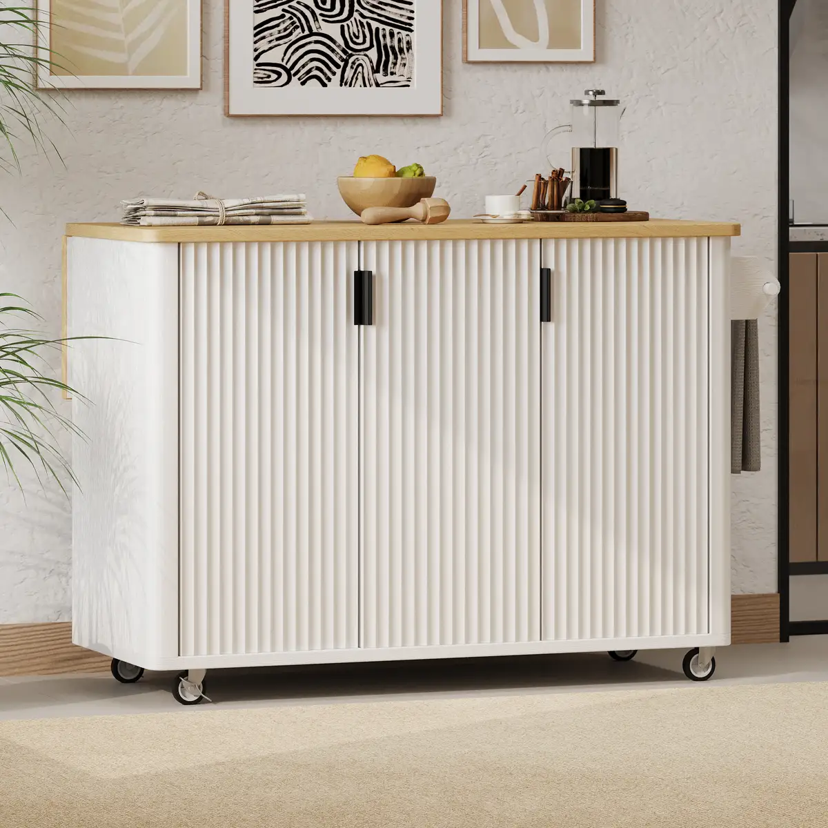 51" Fluted Kitchen Island with Drop Leaf, Farmhouse Accent Kitchen Island