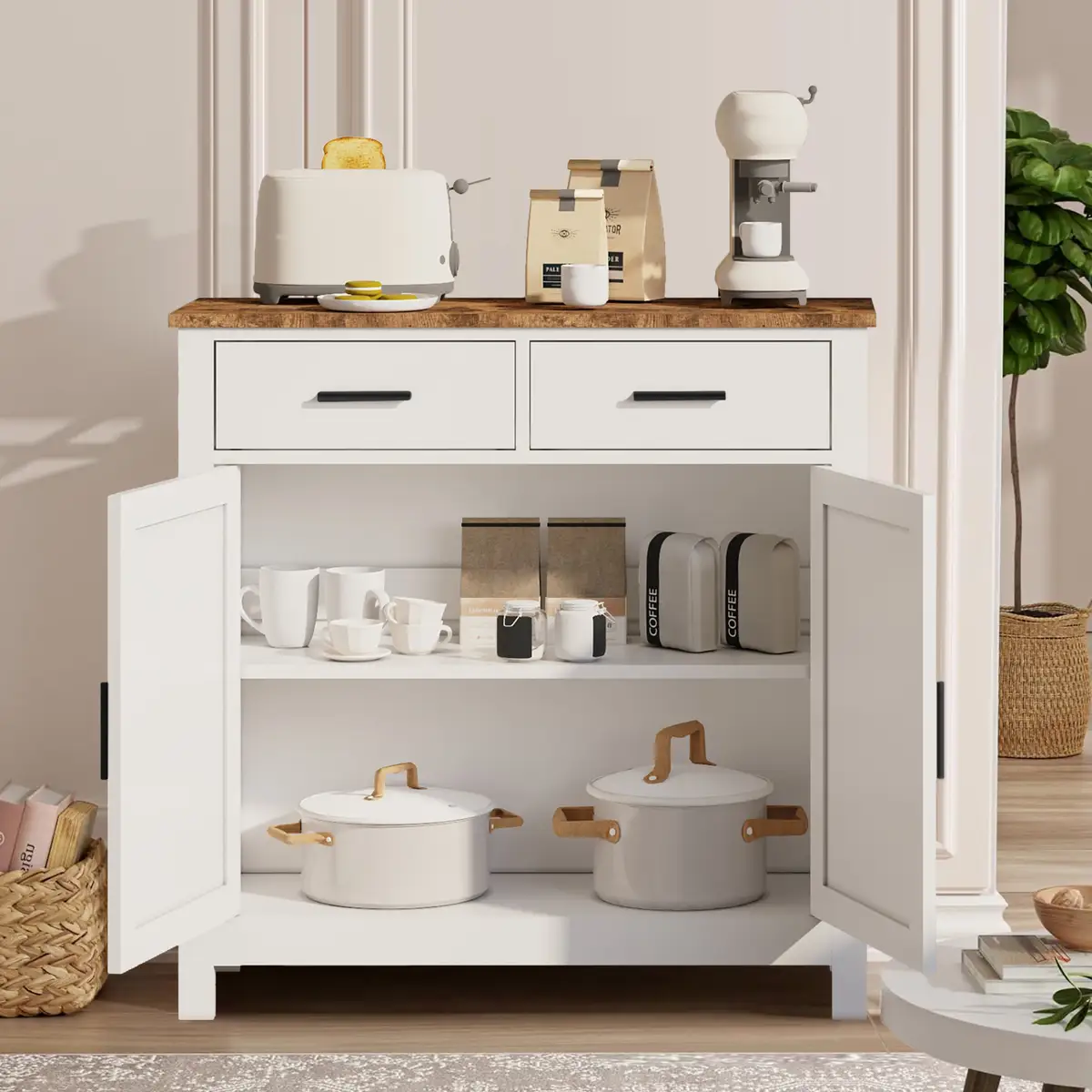 Kitchen Storage Cabinet, Modern Farmhouse Buffet Cabinet with Storage, Coffee