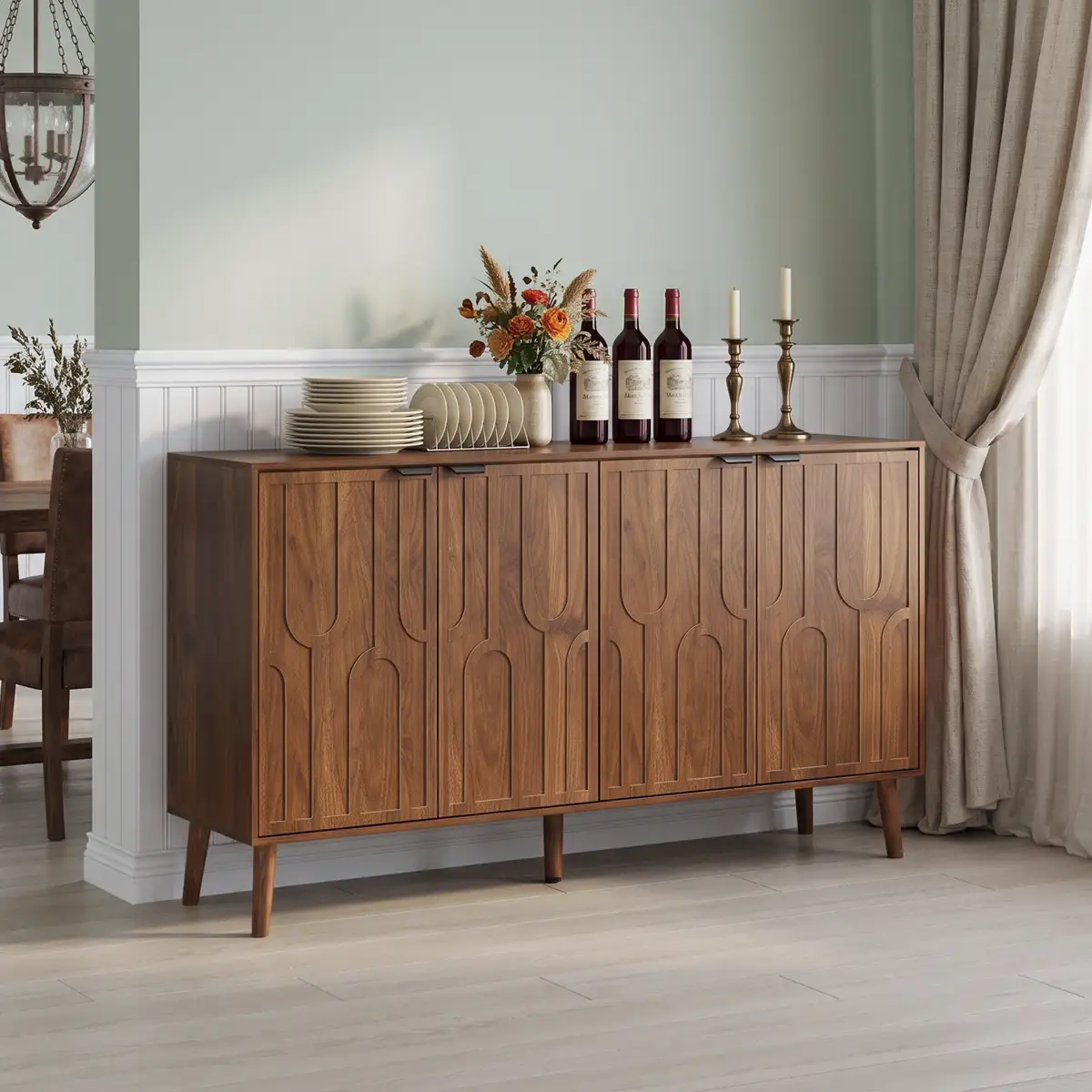 55-inch sideboard/serving cabinet, mid-century modern style wooden entryway