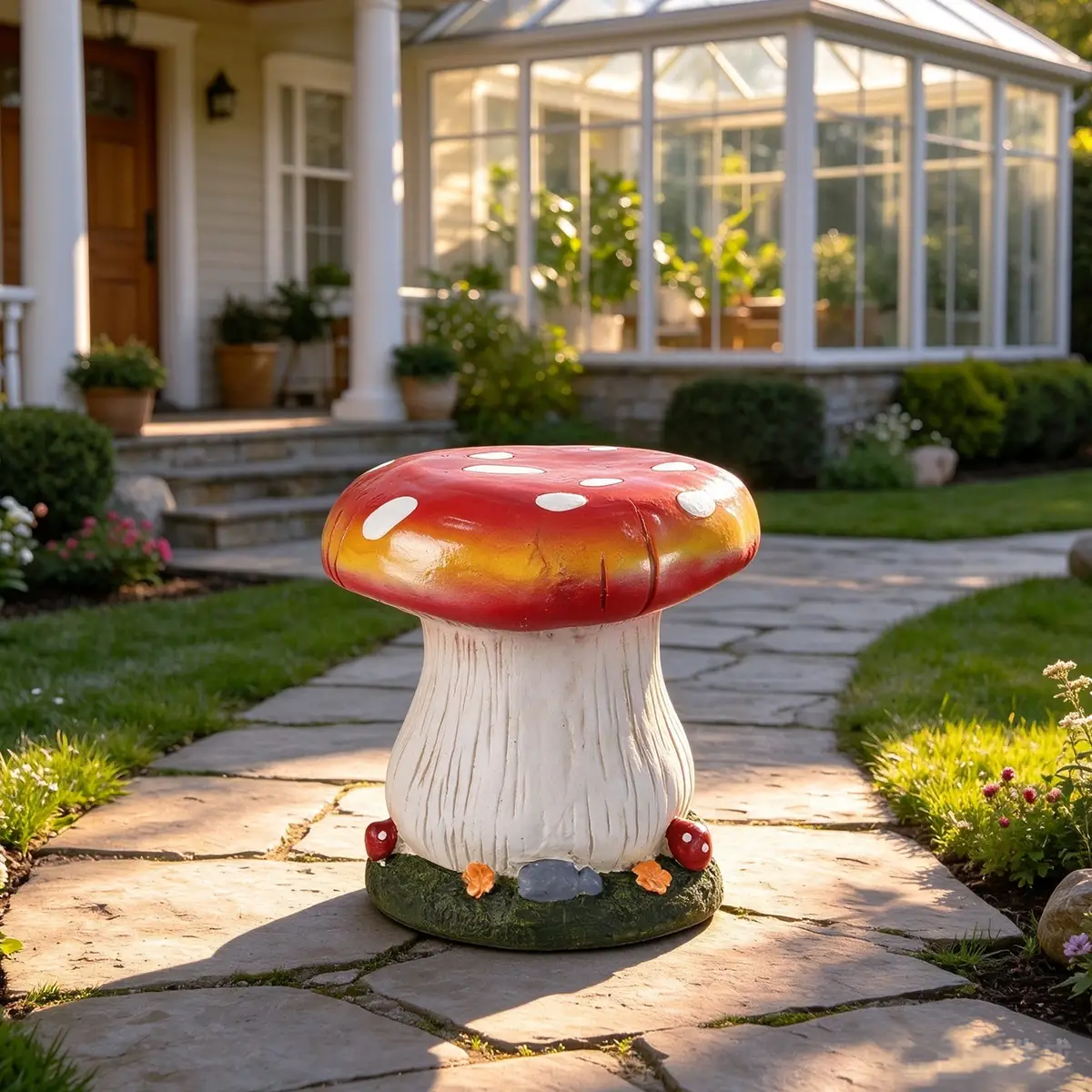 13" Mushroom Stool Garden Statue, Magnesium Oxide Stone Composite Outdoor Stool
