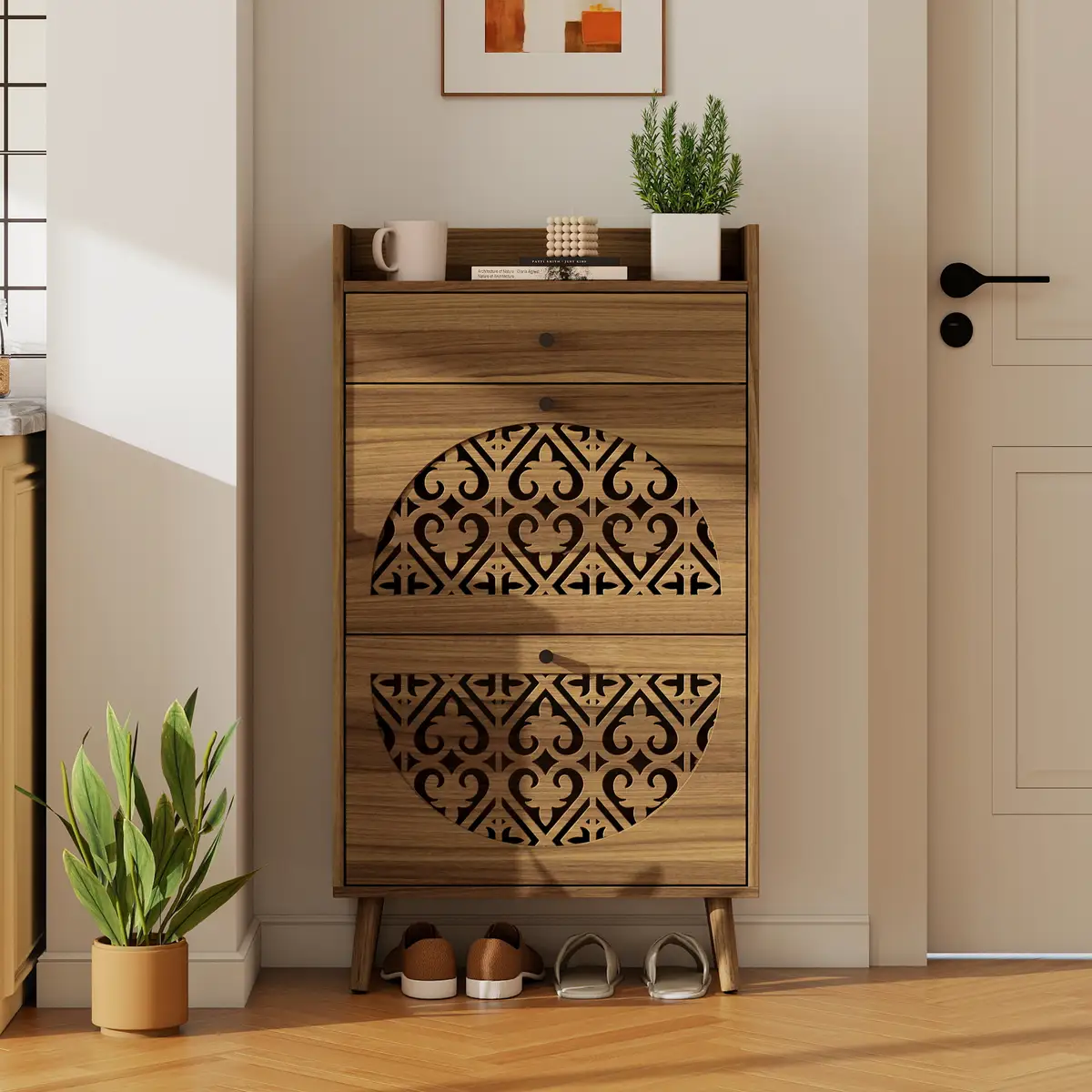 Shoe Storage Cabinet with Semi‑Circular Cutout Doors, Double‑Tier Removable
