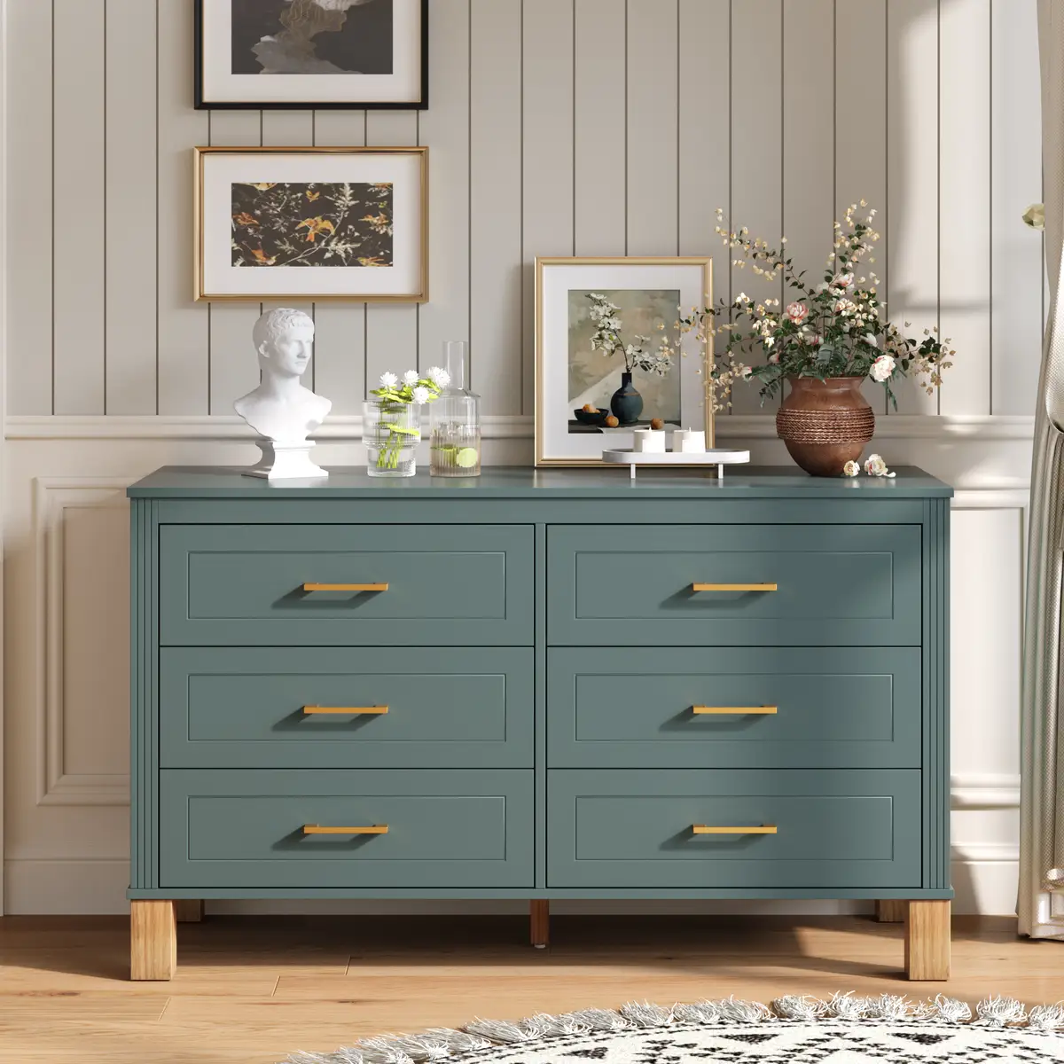 6-Drawer Double Dresser in Blue, Modern Storage Cabinet with Metal Handles
