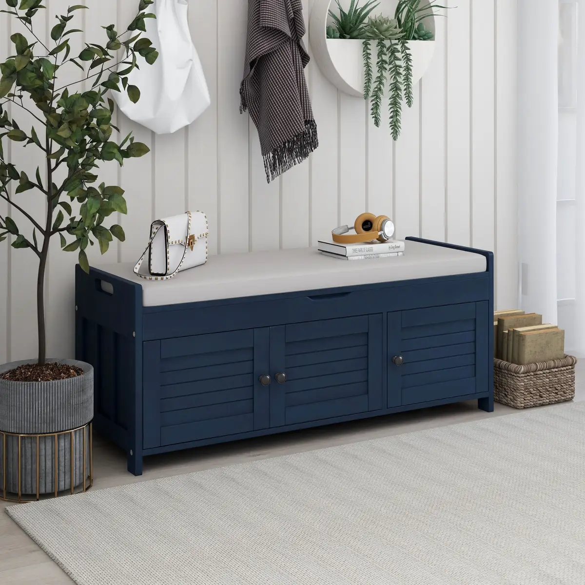 Storage Bench with 3 Shutter-shaped Doors, Shoe Bench with Removable Cushion