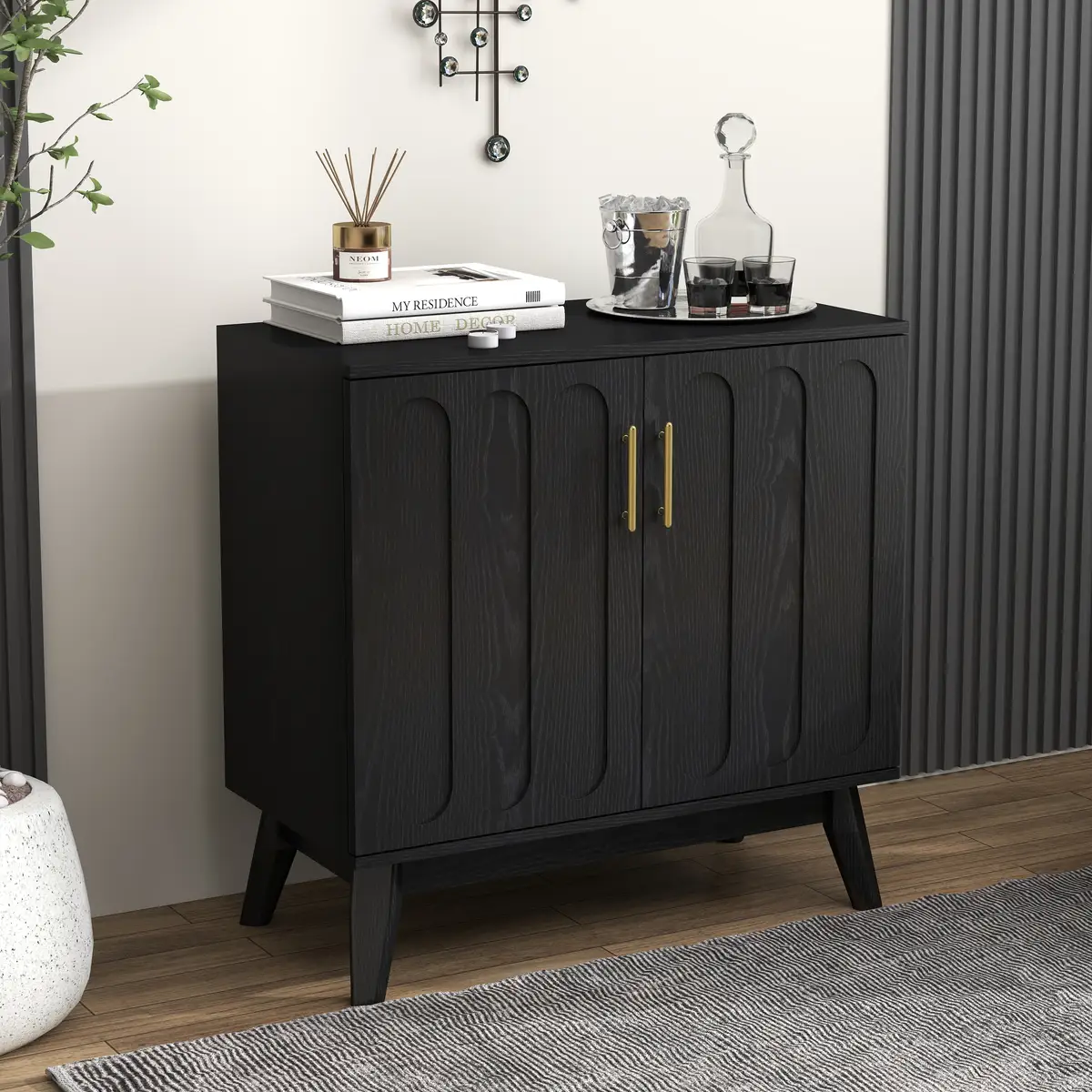 Mid Century Modern Fluted Sideboard Cabinet with Adjustable Shelves & Solid