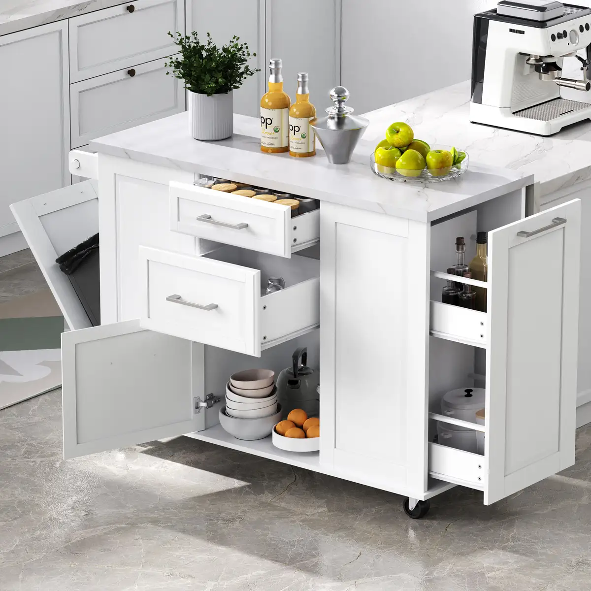 50.7" Kitchen Island with Storage Tilt Trash Can Cabinet and Pull Out Cabinet