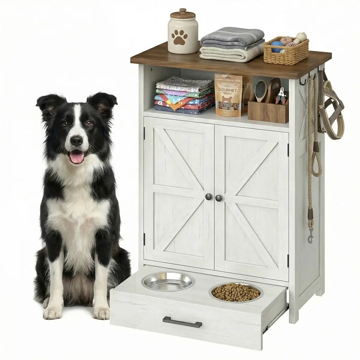 Dog Feeding Station with Storage Cabinet, Pet Feeder Station Cabinet with 3